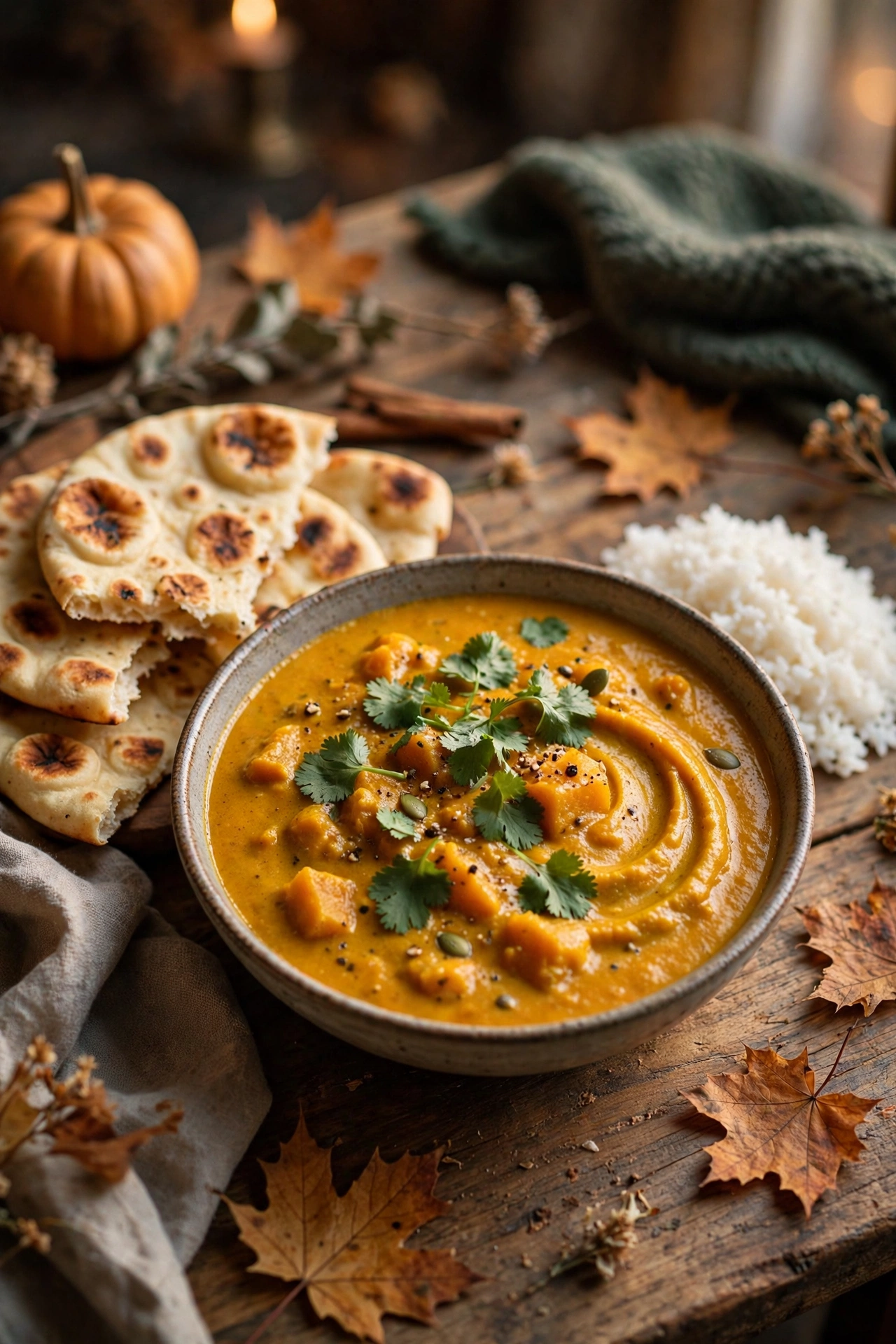 Pumpkin curry with chickpeas and spinach in coconut sauce