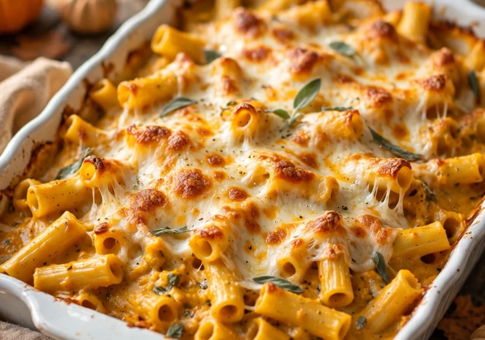 Pumpkin baked ziti bubbly with melted mozzarella in foil pan