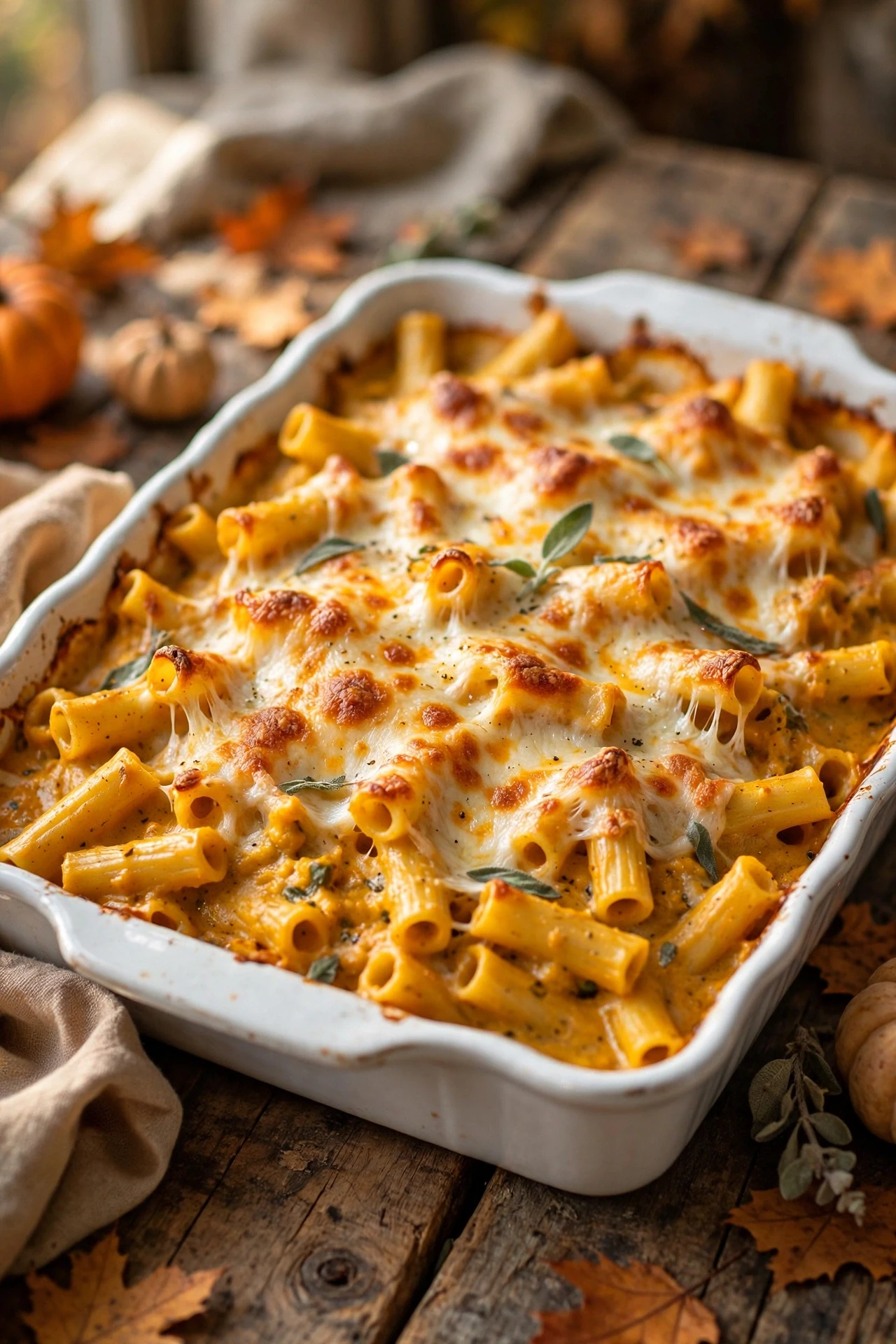 Pumpkin baked ziti bubbly with melted mozzarella in foil pan