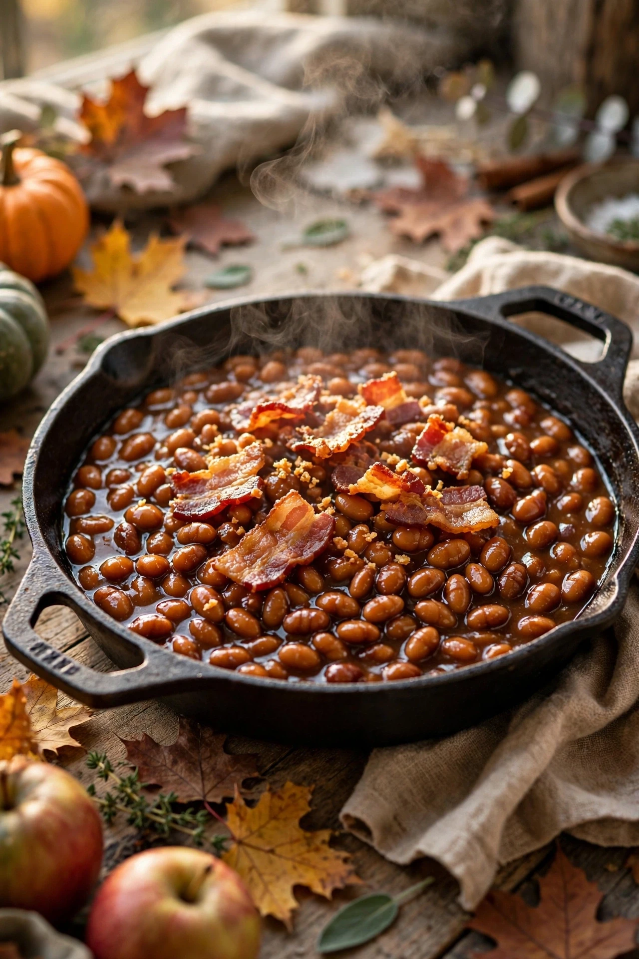 Apple cider baked beans thick and caramelized with bacon