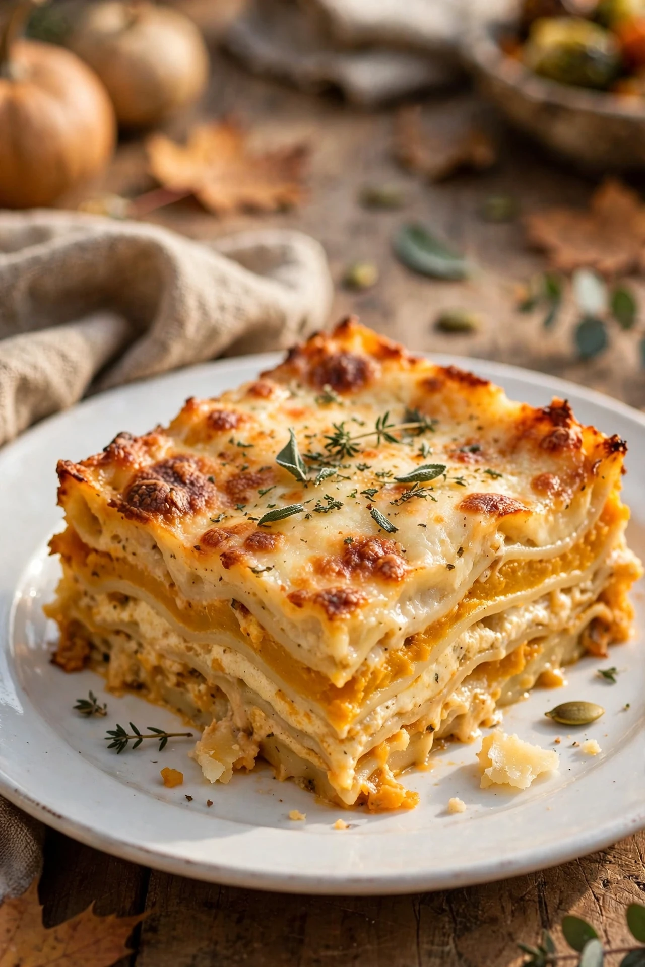 Butternut squash lasagna layered with bechamel and sage