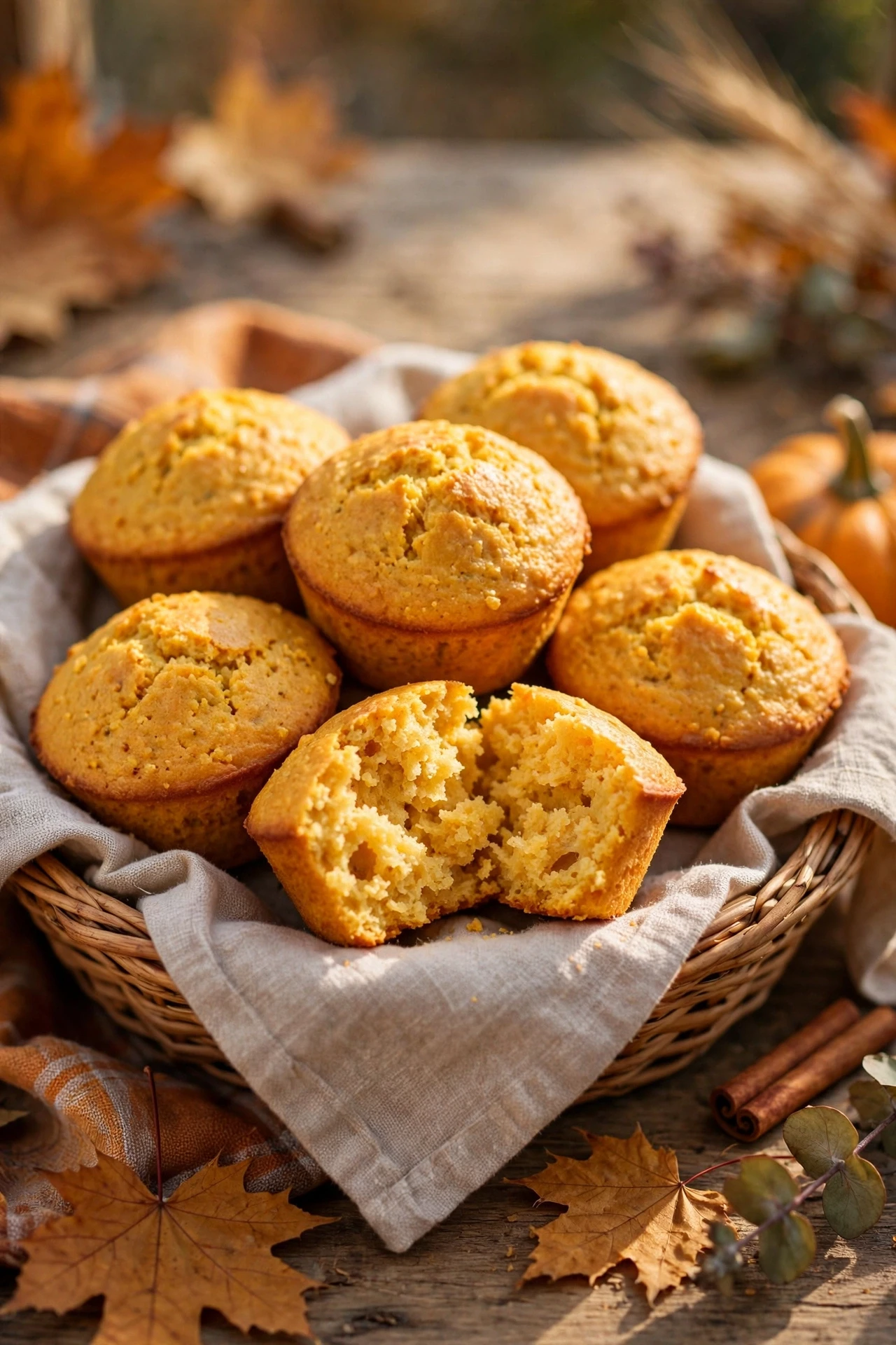 Pumpkin cornbread muffins with sugar sprinkle tops