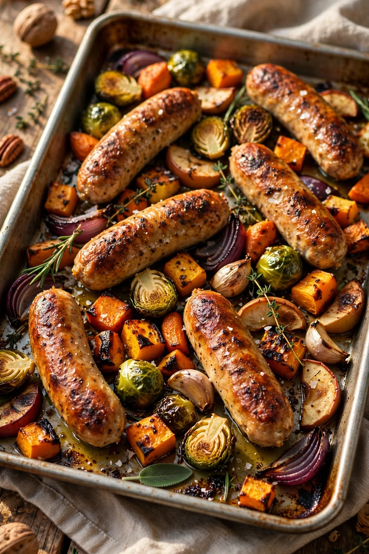 Chicken apple sausage bake with sweet potatoes and Brussels sprouts