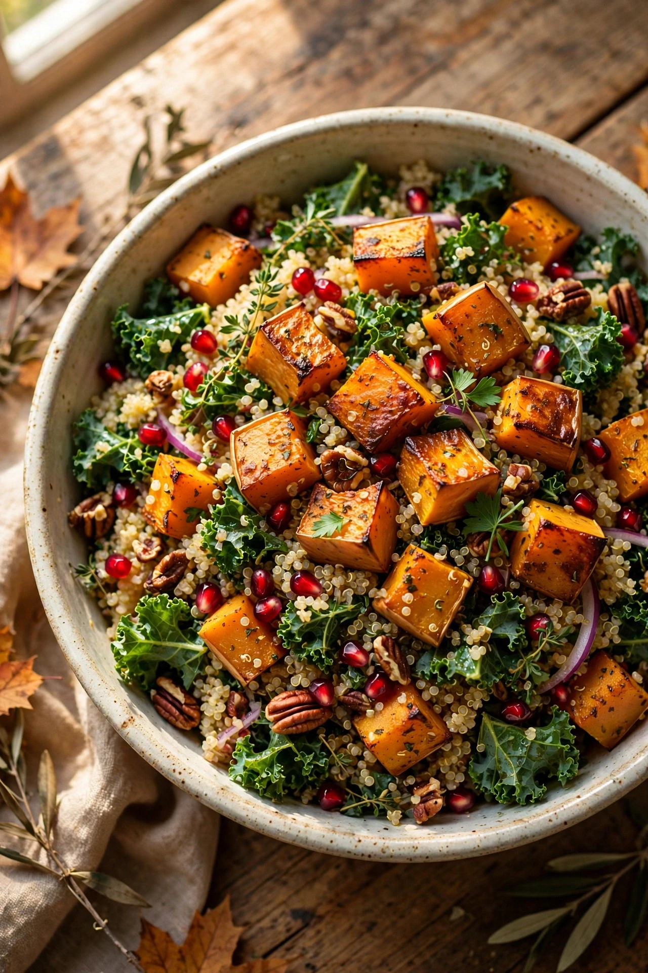 Harvest quinoa salad with roasted sweet potato and kale