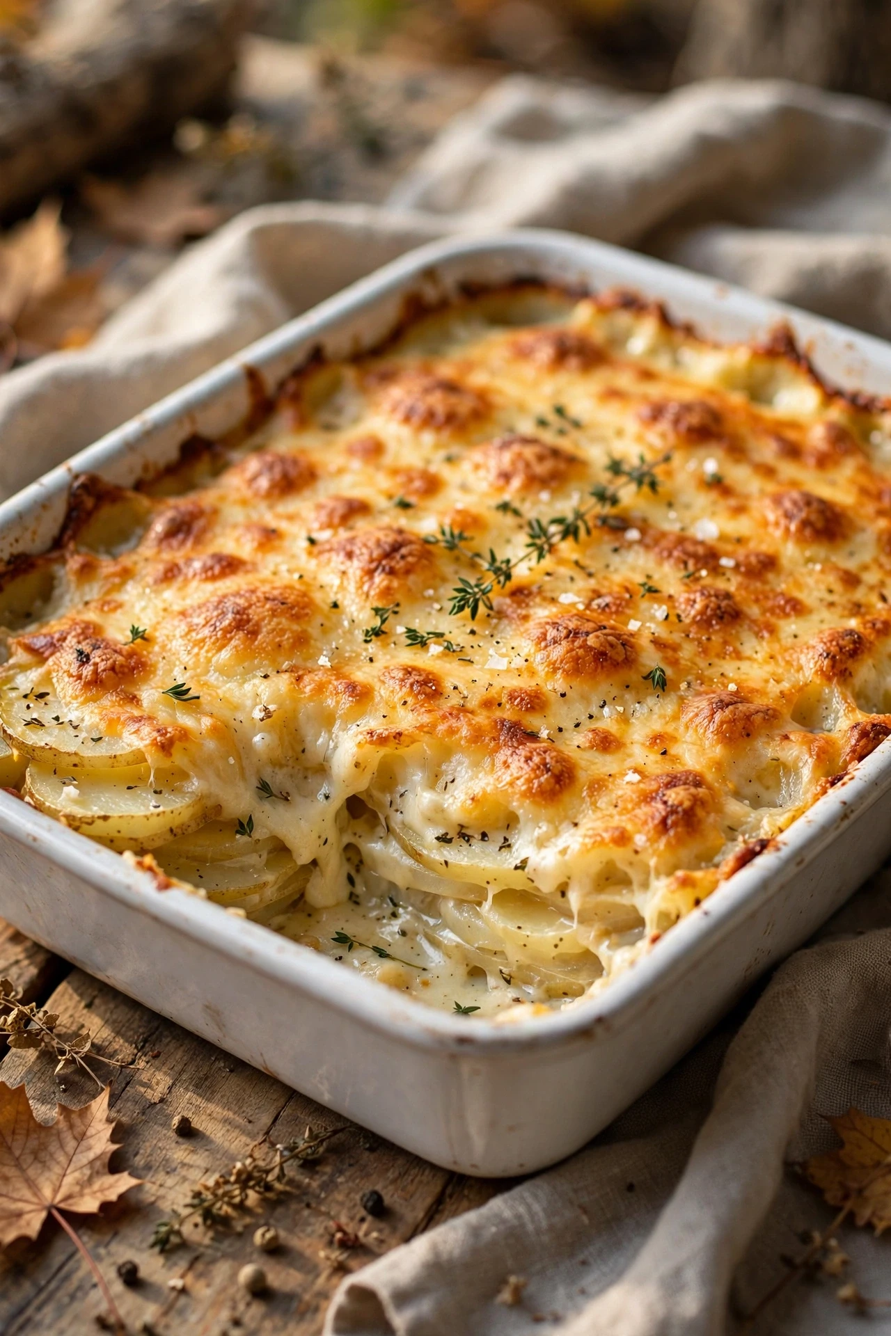 Cheesy potato gratin golden and bubbling with Gruyere