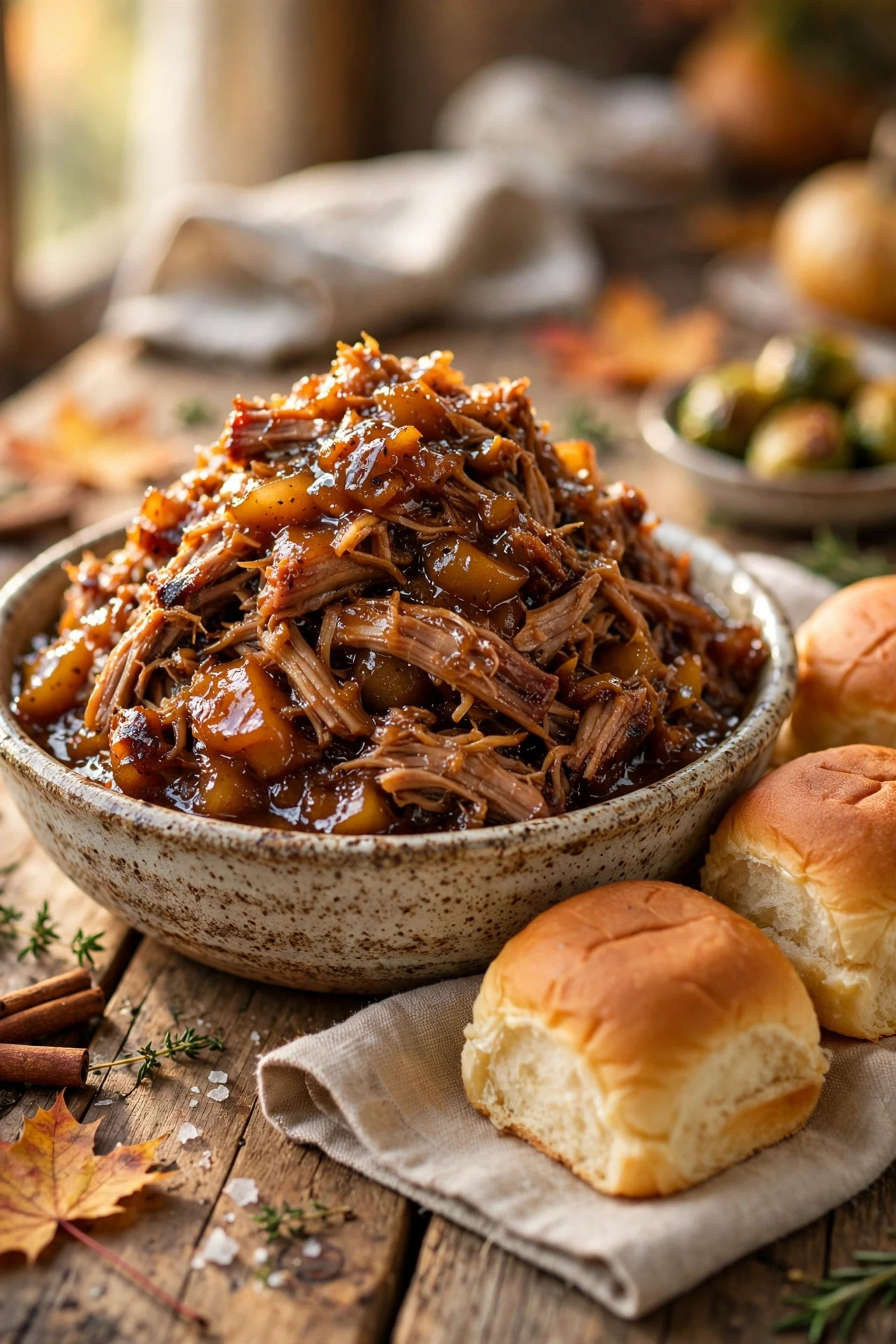 Apple butter pulled pork shredded with sticky glaze