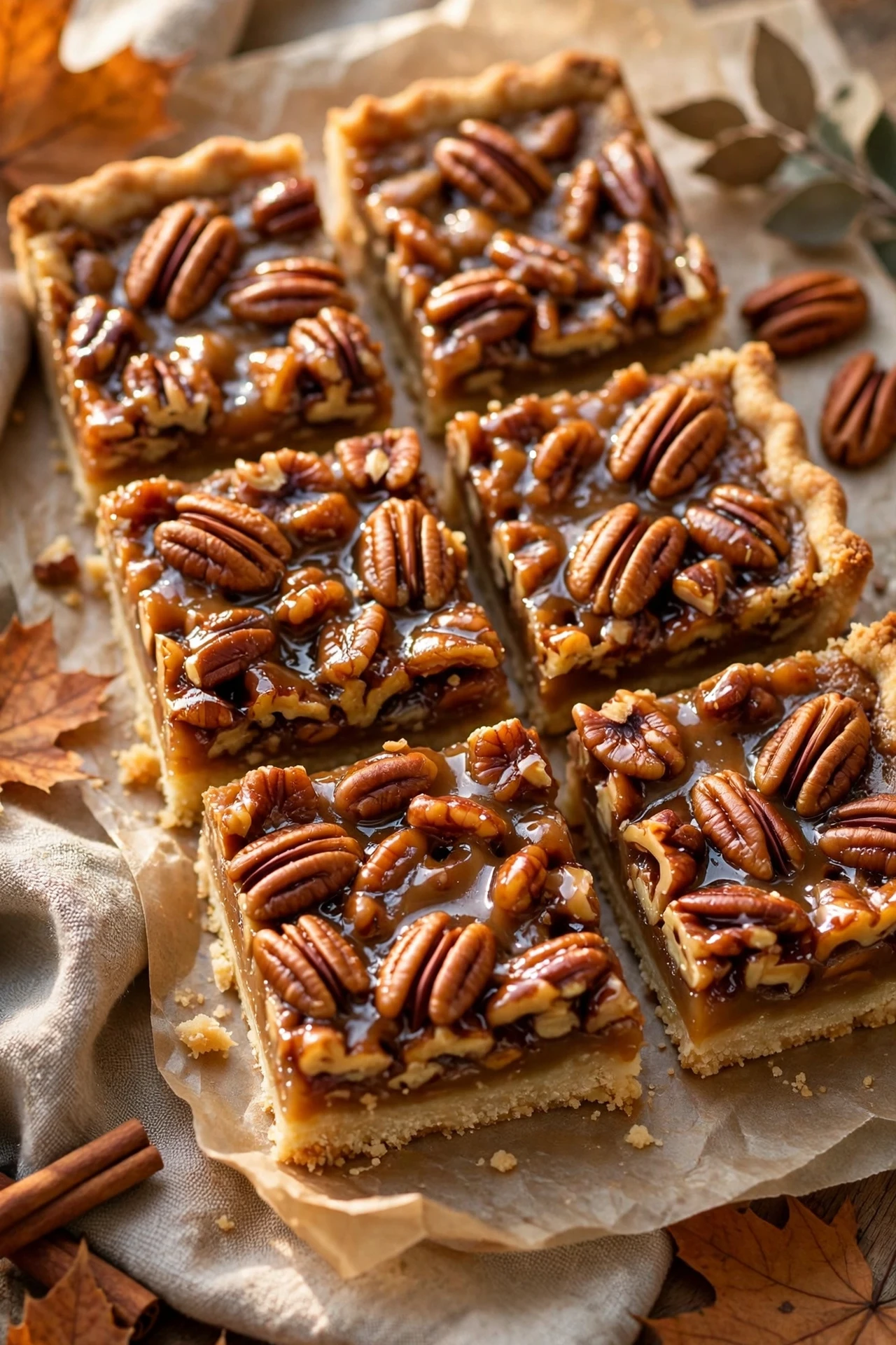 Pecan pie bars with gooey filling on shortbread crust