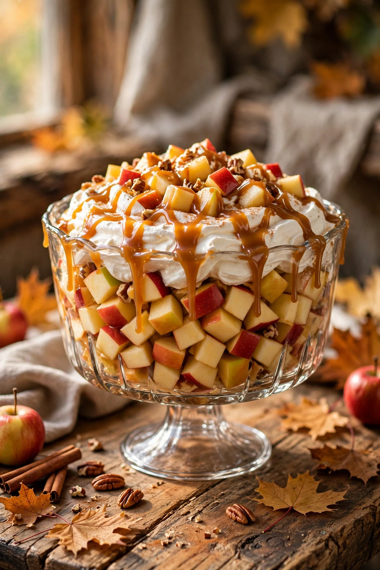 Caramel apple salad with candy pieces and caramel drizzle