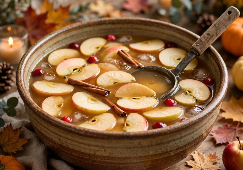 Glass pitcher of apple cider punch with cinnamon sticks, star anise and thin apple slices