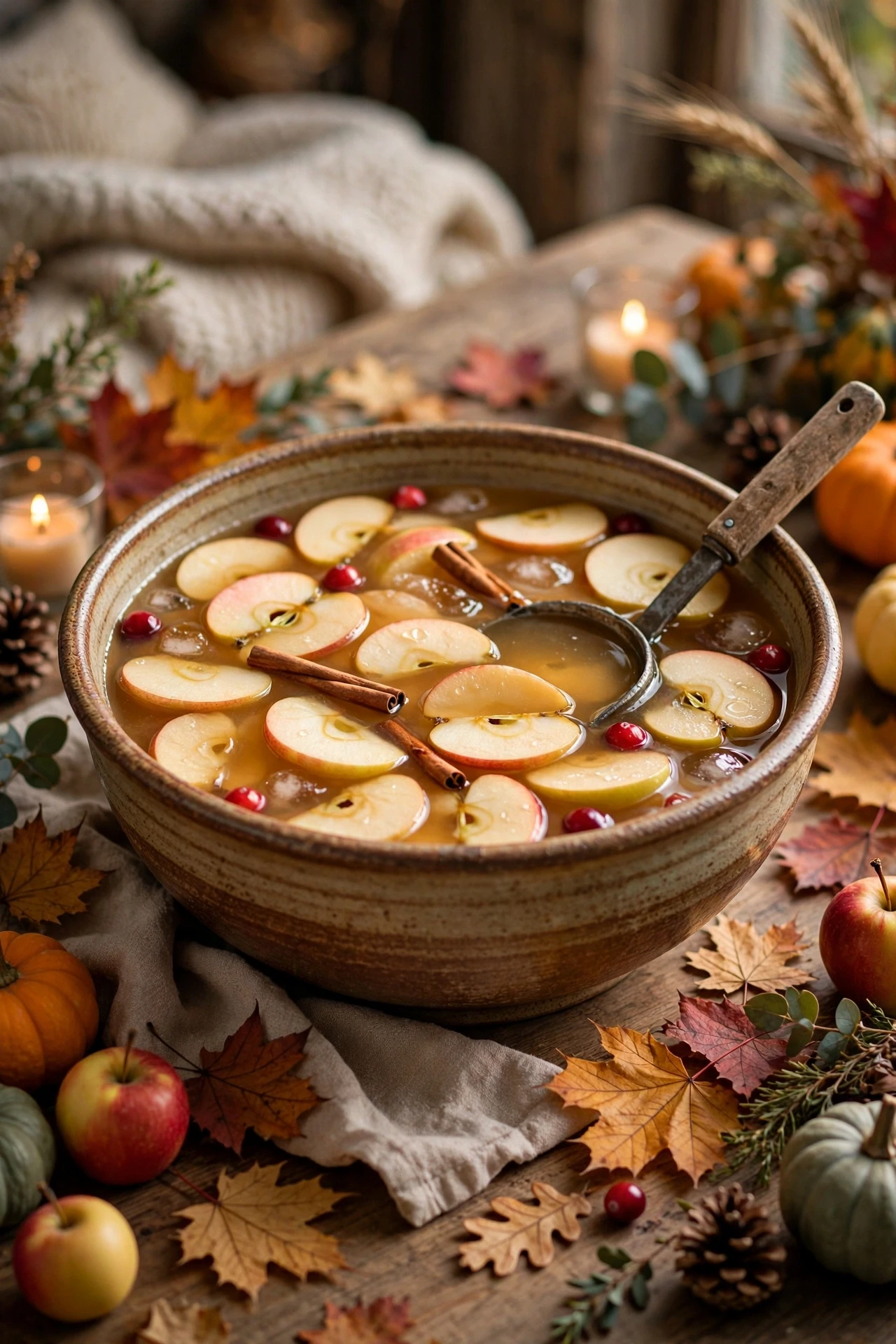 Glass pitcher of apple cider punch with cinnamon sticks, star anise and thin apple slices
