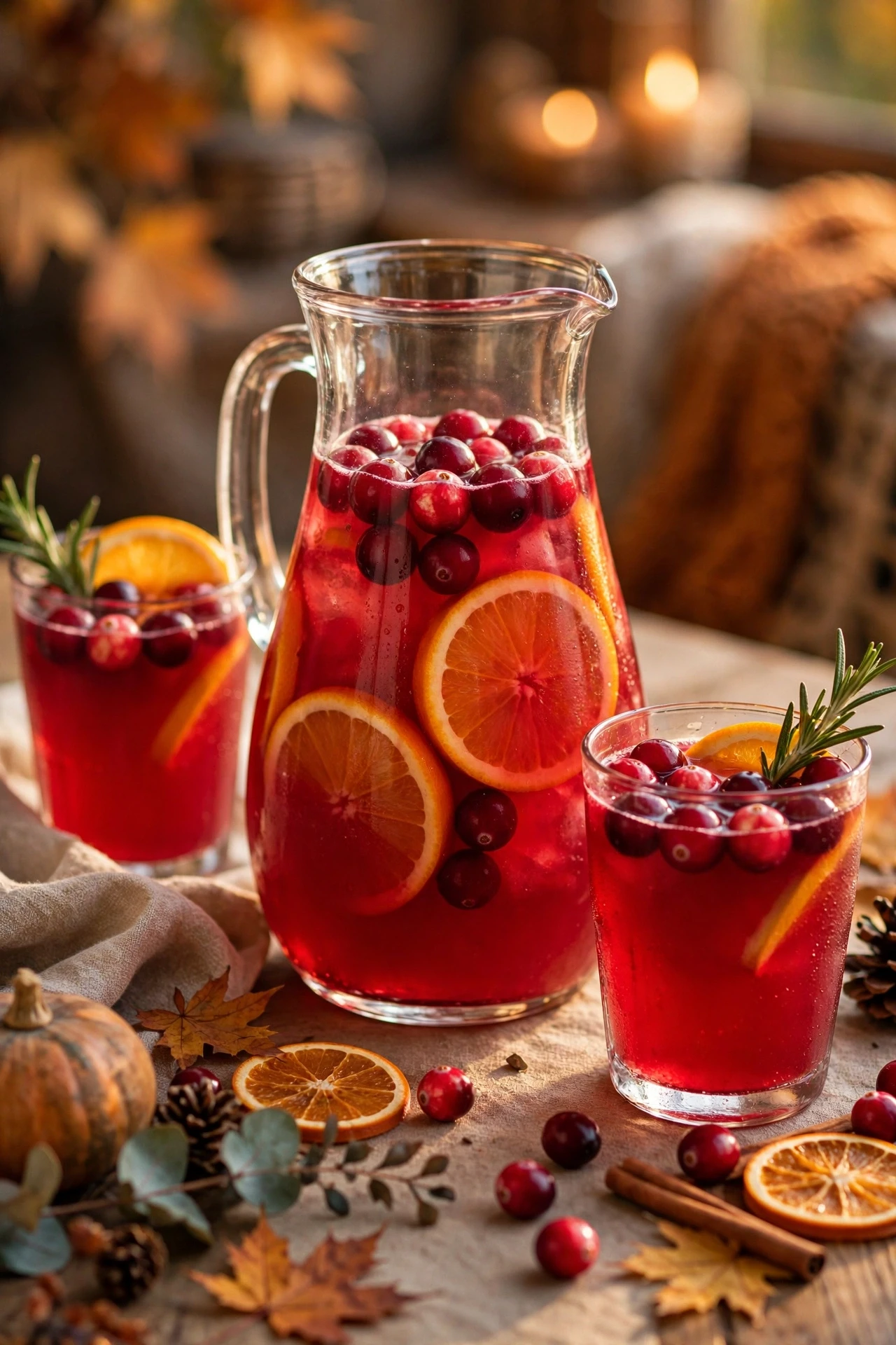 Ruby red cranberry punch in a glass bowl with fresh cranberries and orange slices