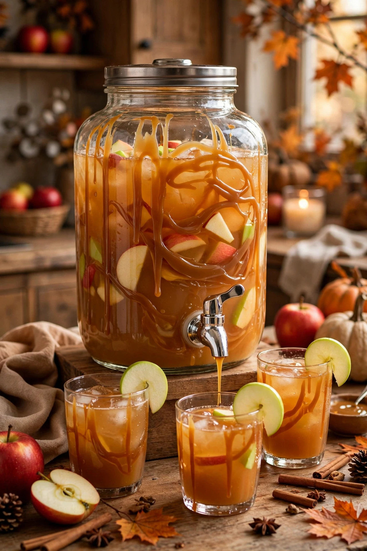 Caramel apple punch with caramel drizzle swirled inside the glass and apple slices