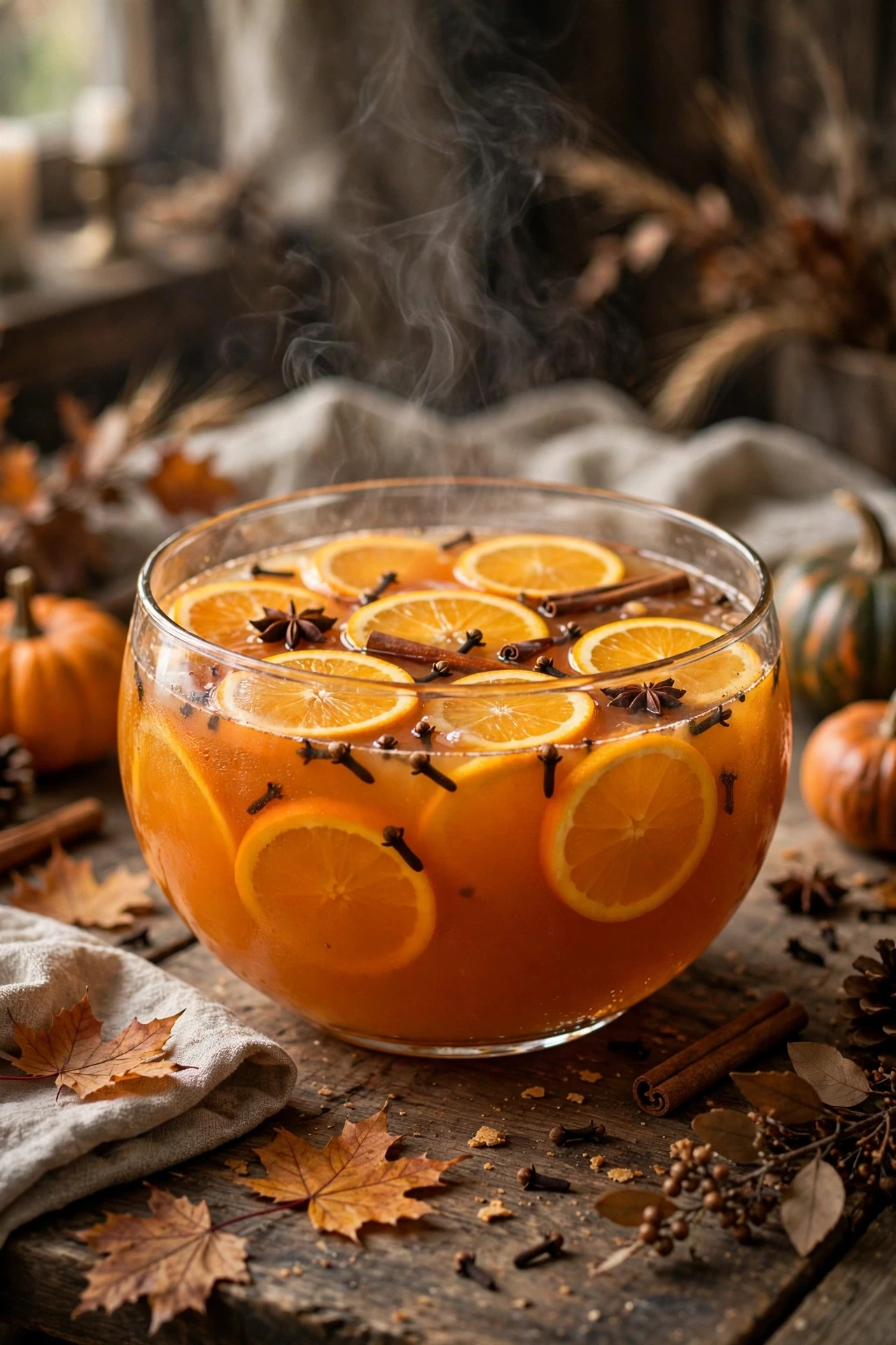 Bright orange spice punch with cinnamon sticks, cloves and orange wheels in a punch bowl