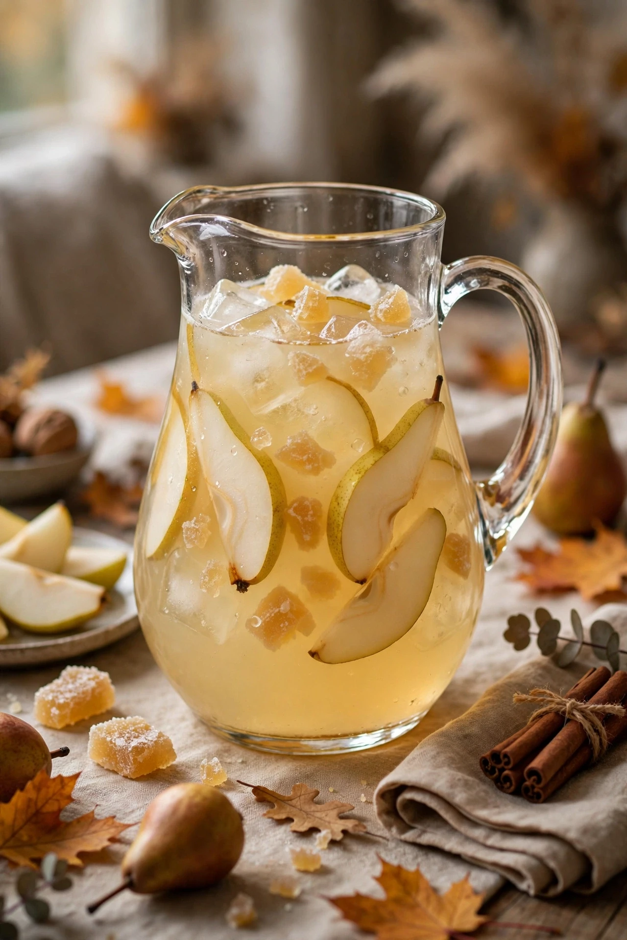 Pale golden pear ginger punch with fresh pear slices and crystallized ginger