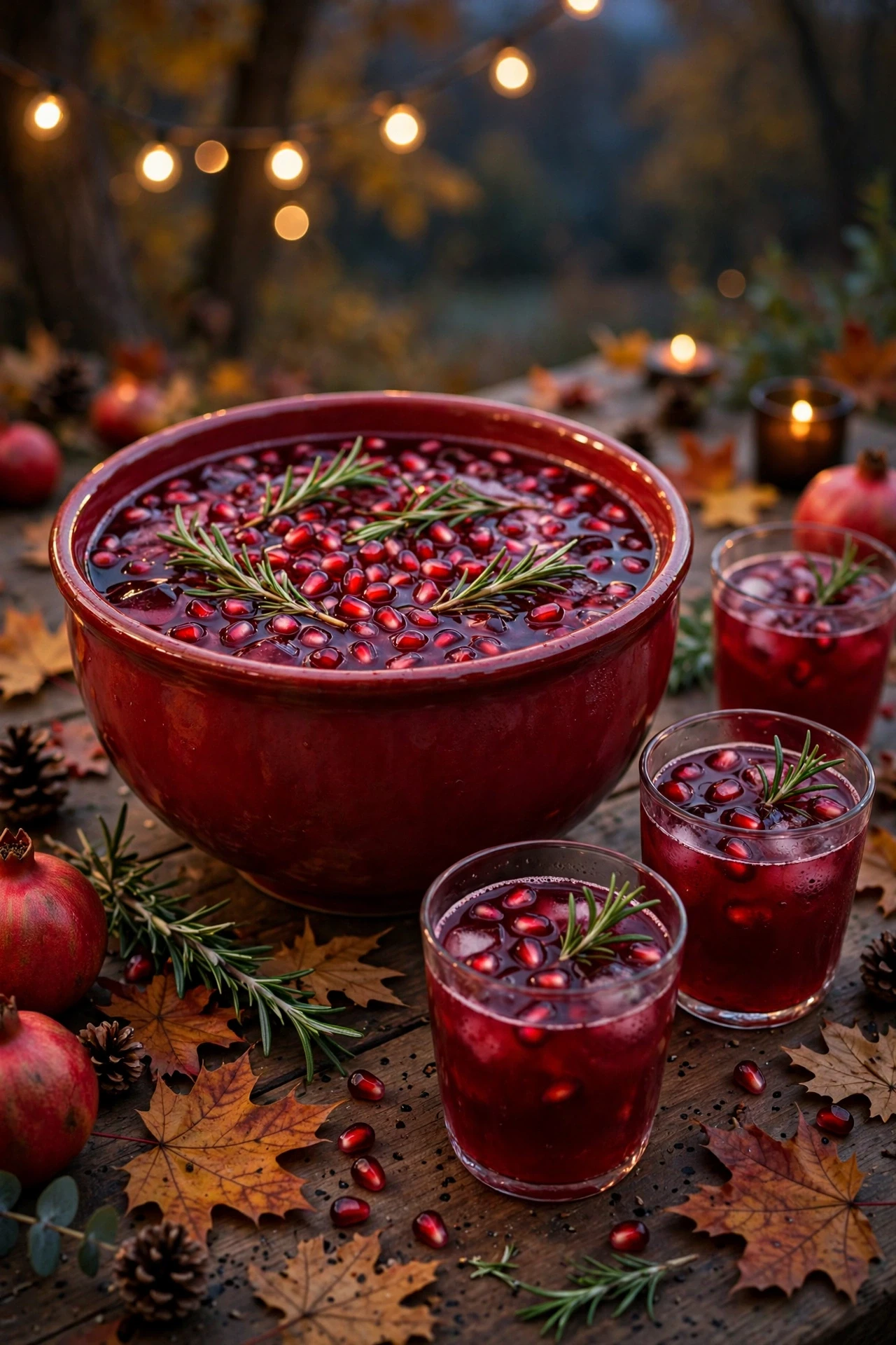 Deep red pomegranate punch with pomegranate arils and rosemary sprigs