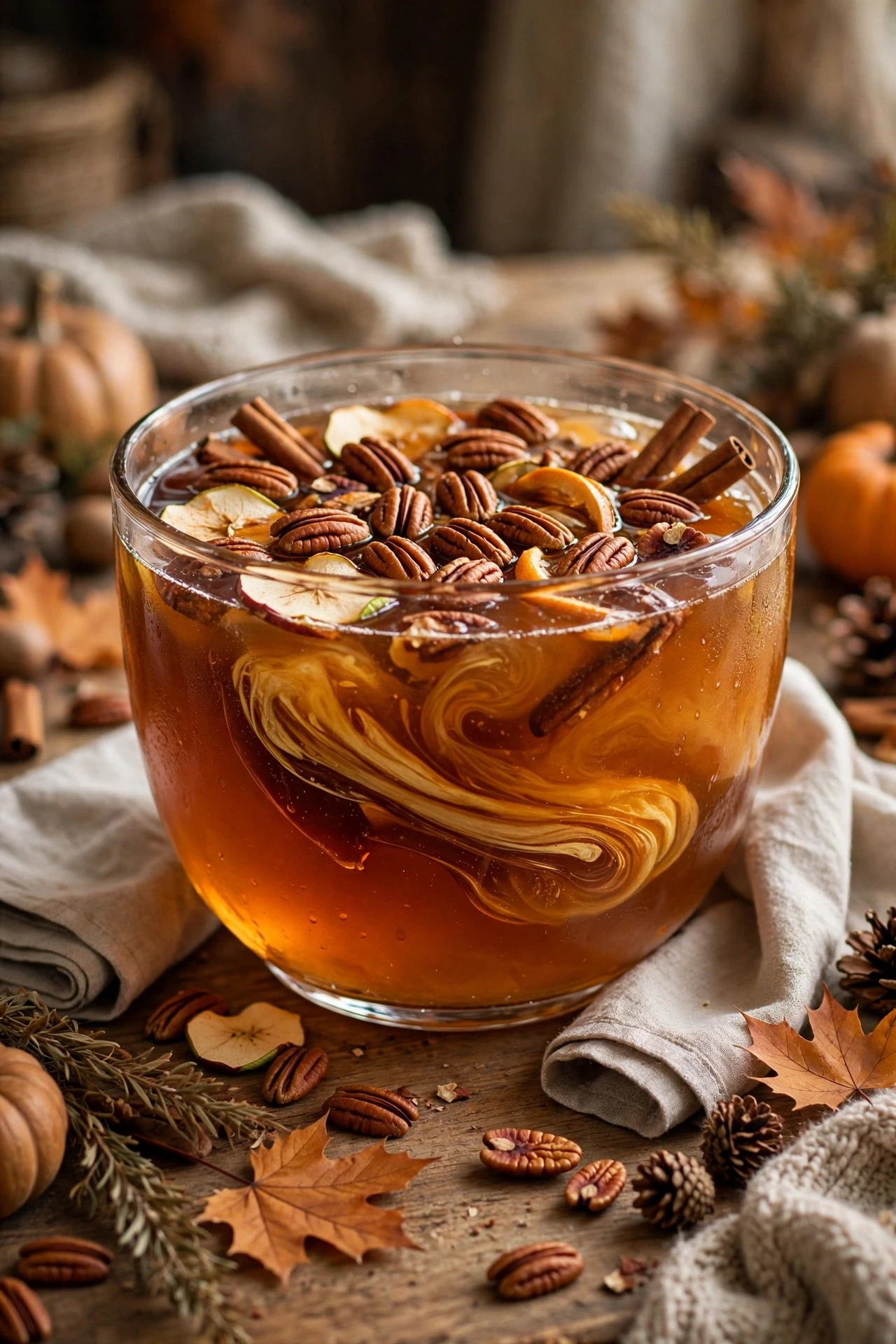 Creamy maple pecan punch with toasted pecans and a maple drizzle on top