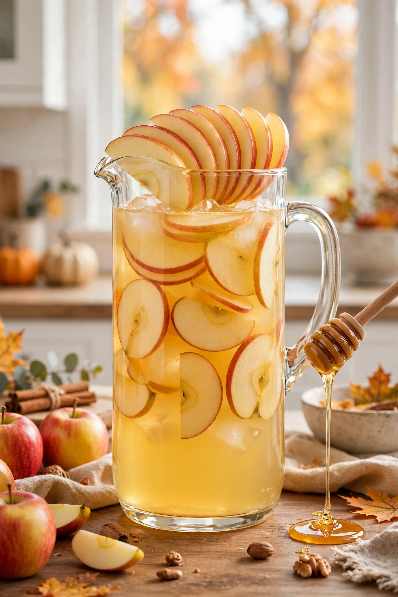 Honeycrisp apple punch with honeycomb, apple slices and thyme sprigs