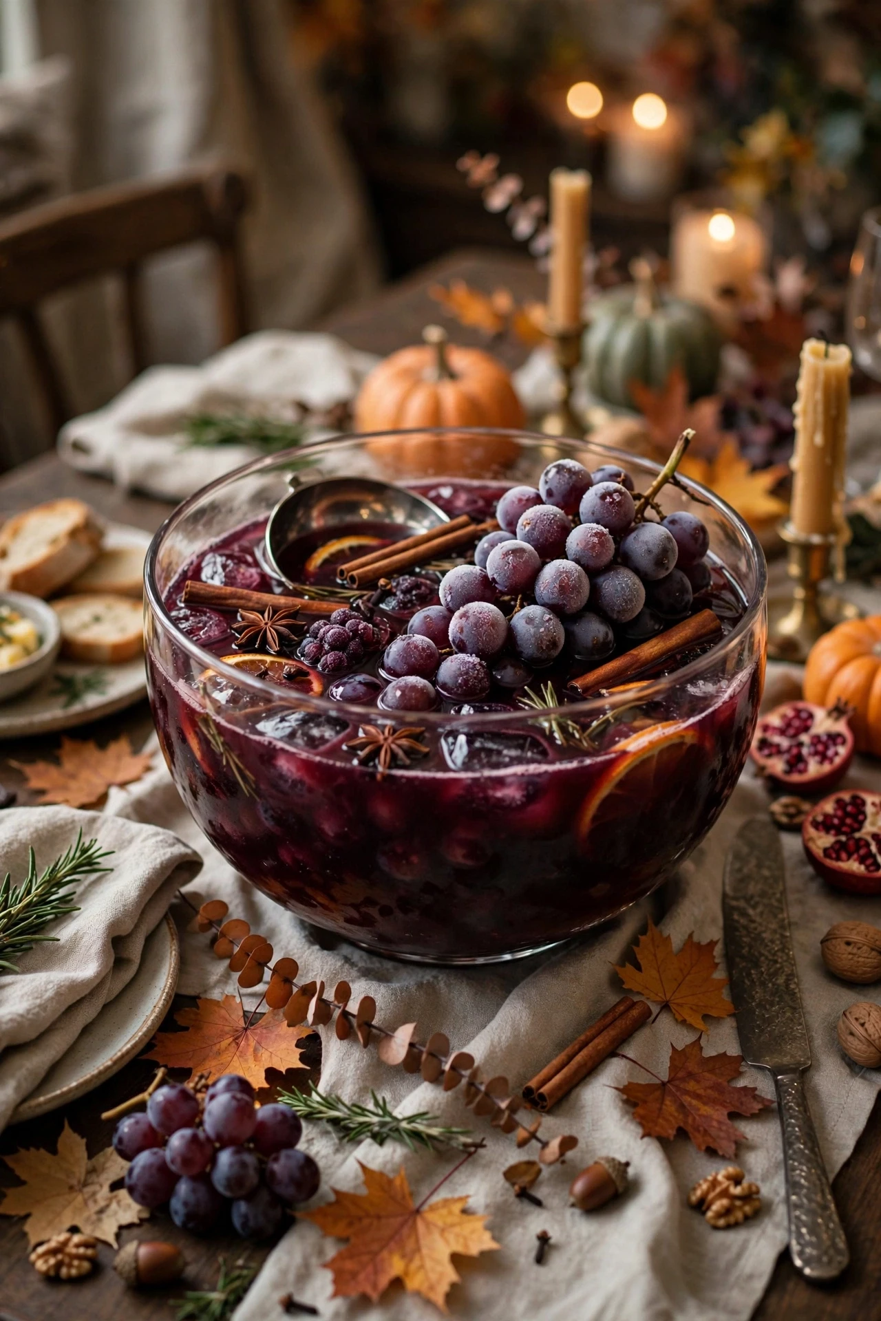 Purple spiced grape punch with frozen grapes, cinnamon and star anise