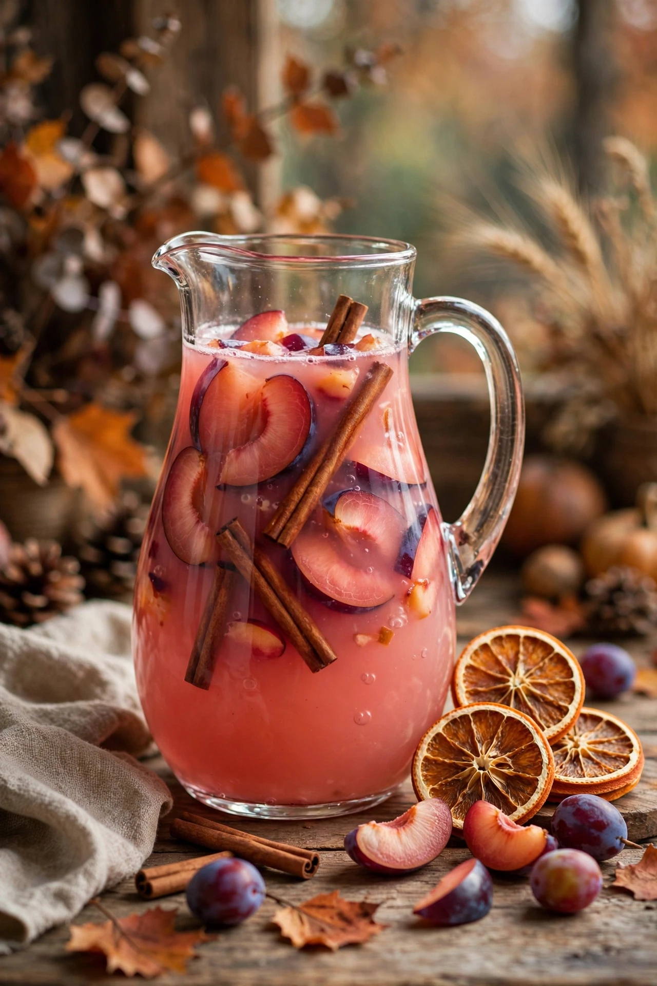 Cinnamon plum punch with roasted plum halves and cinnamon sticks