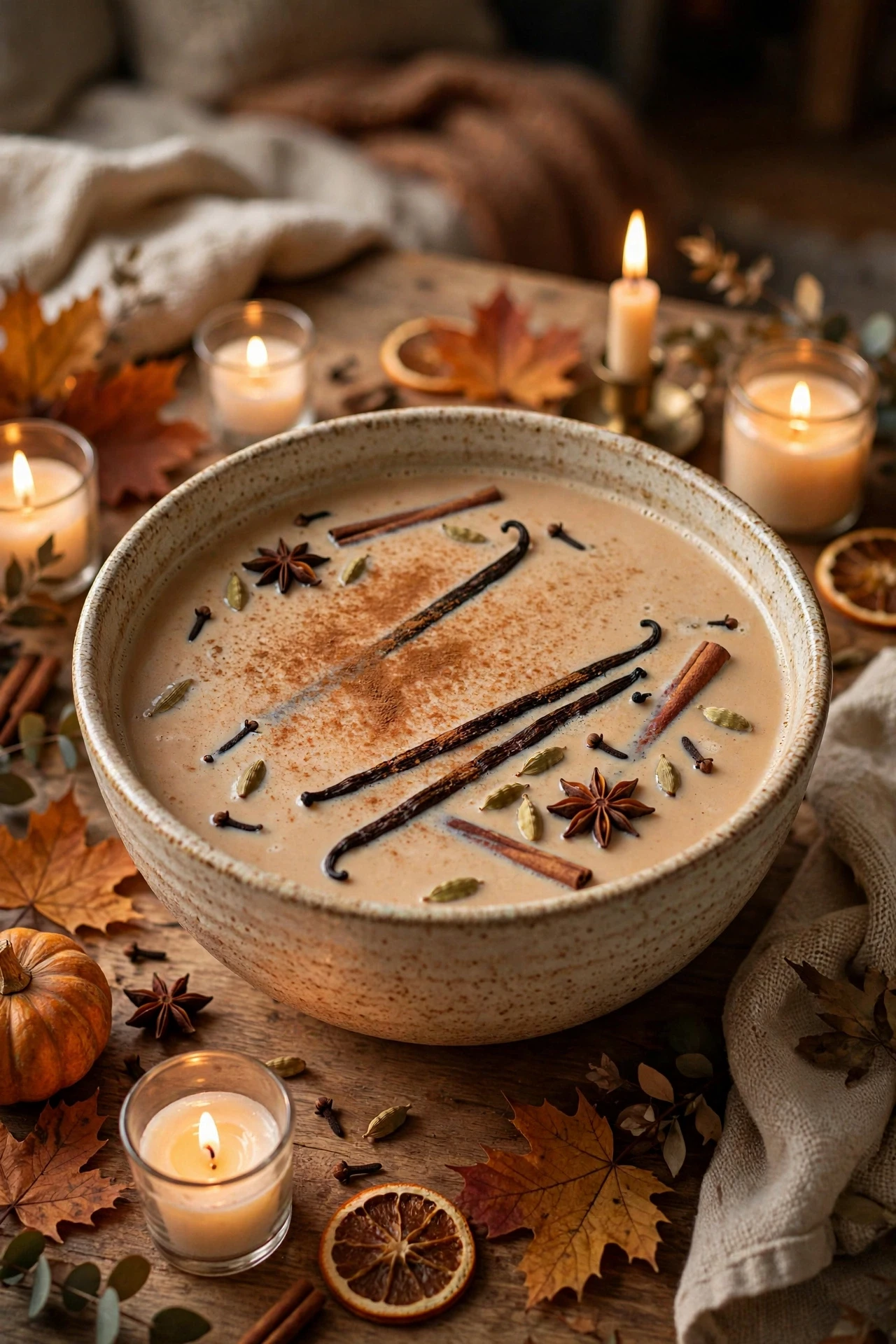 Creamy vanilla chai punch with a cinnamon stick and star anise floating on top