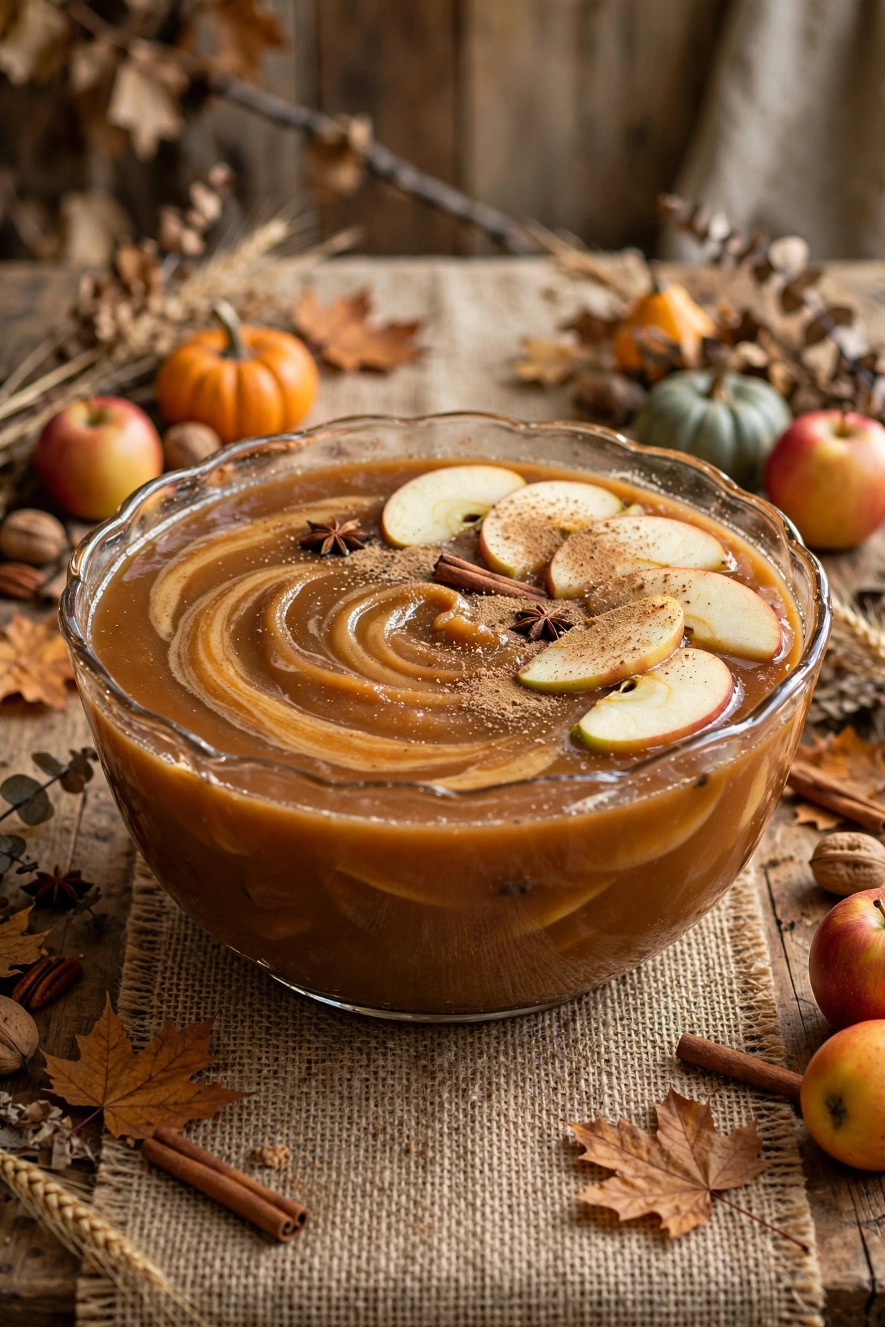 Rich apple butter punch with a swirl of apple butter and whipped cream