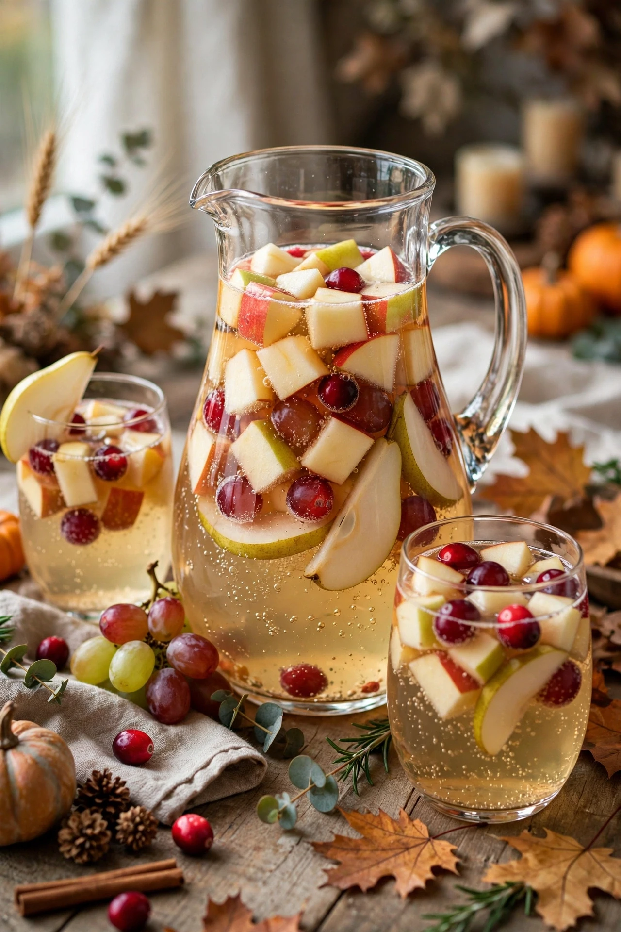 Non-alcoholic harvest sangria with sliced apples, pears, oranges and cinnamon in a pitcher