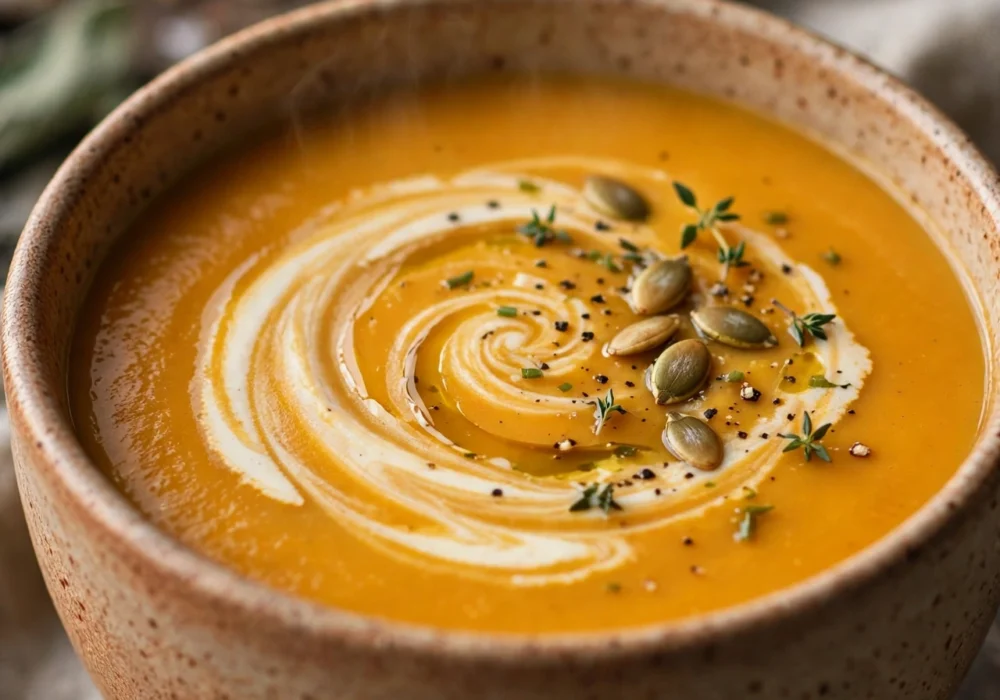 Butternut squash soup velvety orange with cream swirl