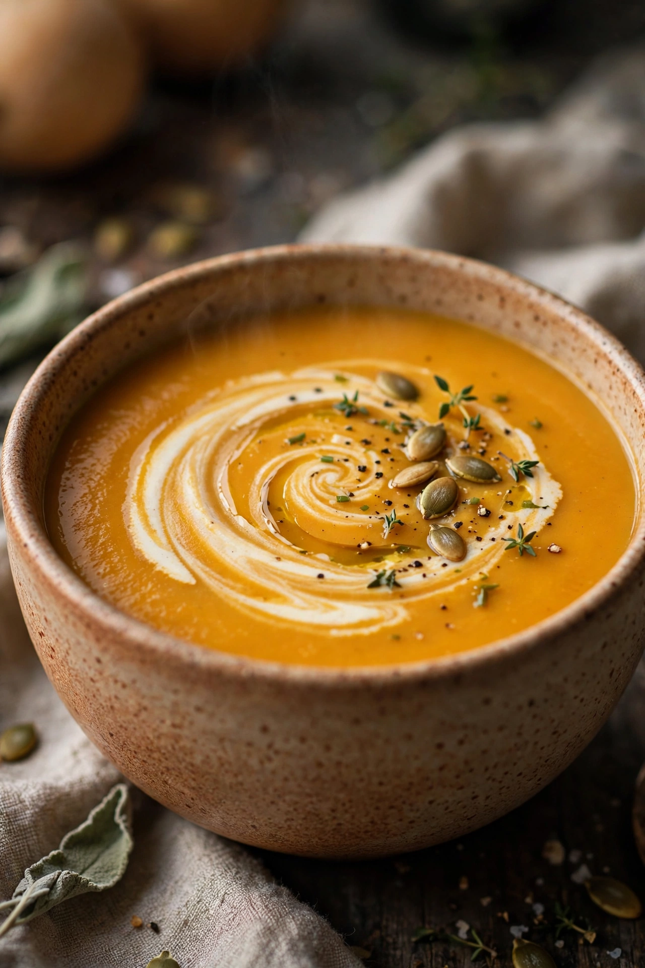 Butternut squash soup velvety orange with cream swirl