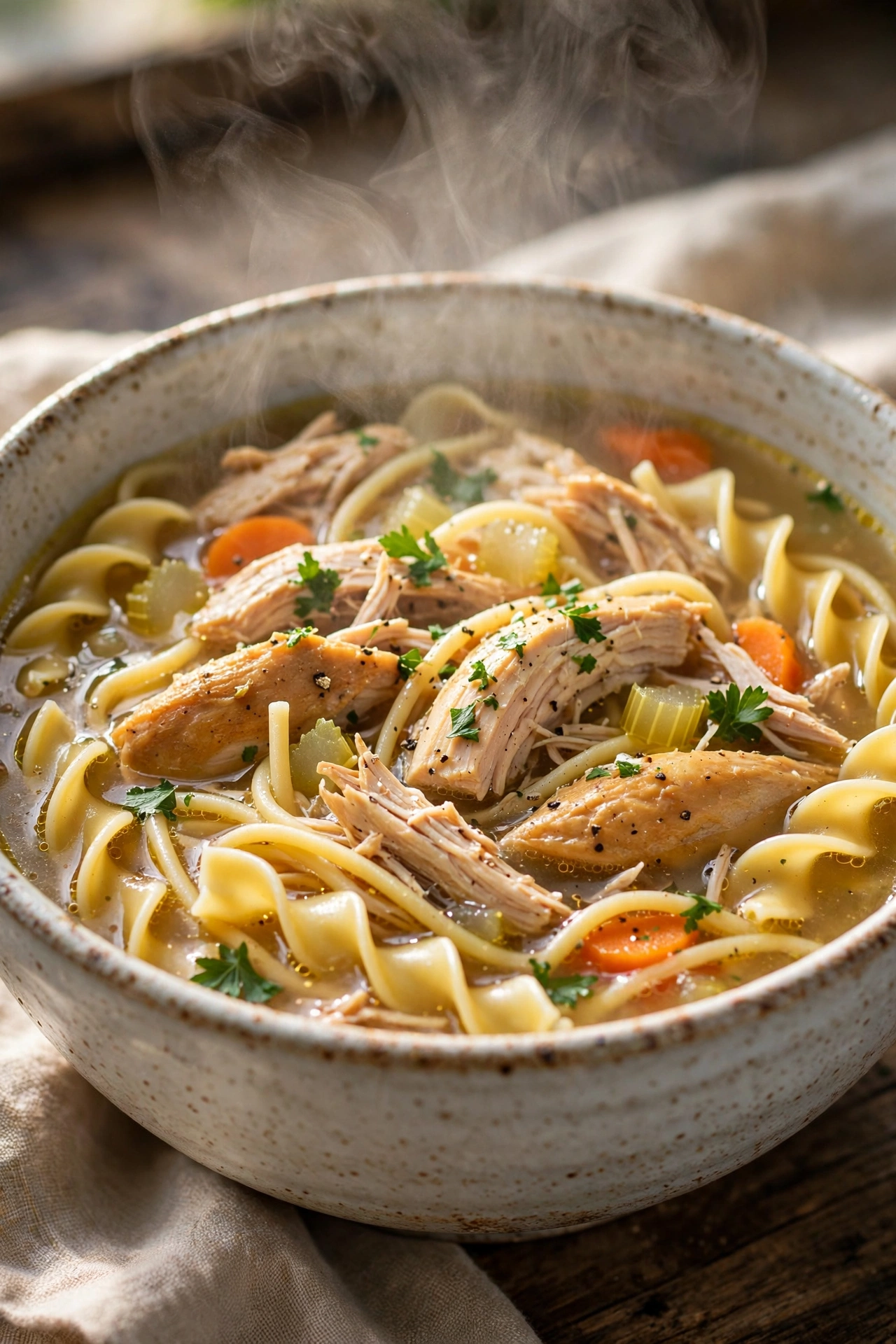 Chicken noodle soup steaming with egg noodles