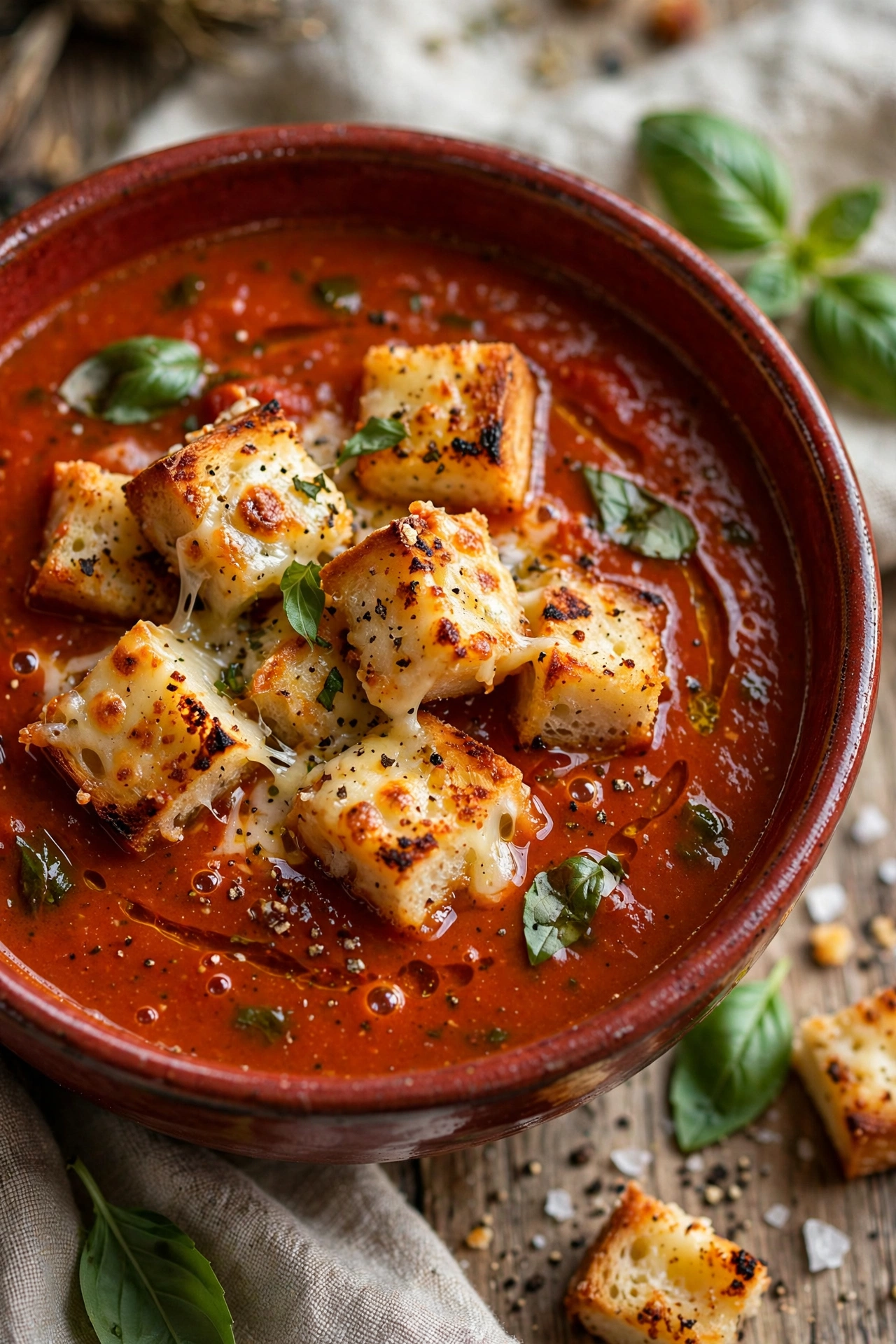 Tomato basil soup with grilled cheese croutons