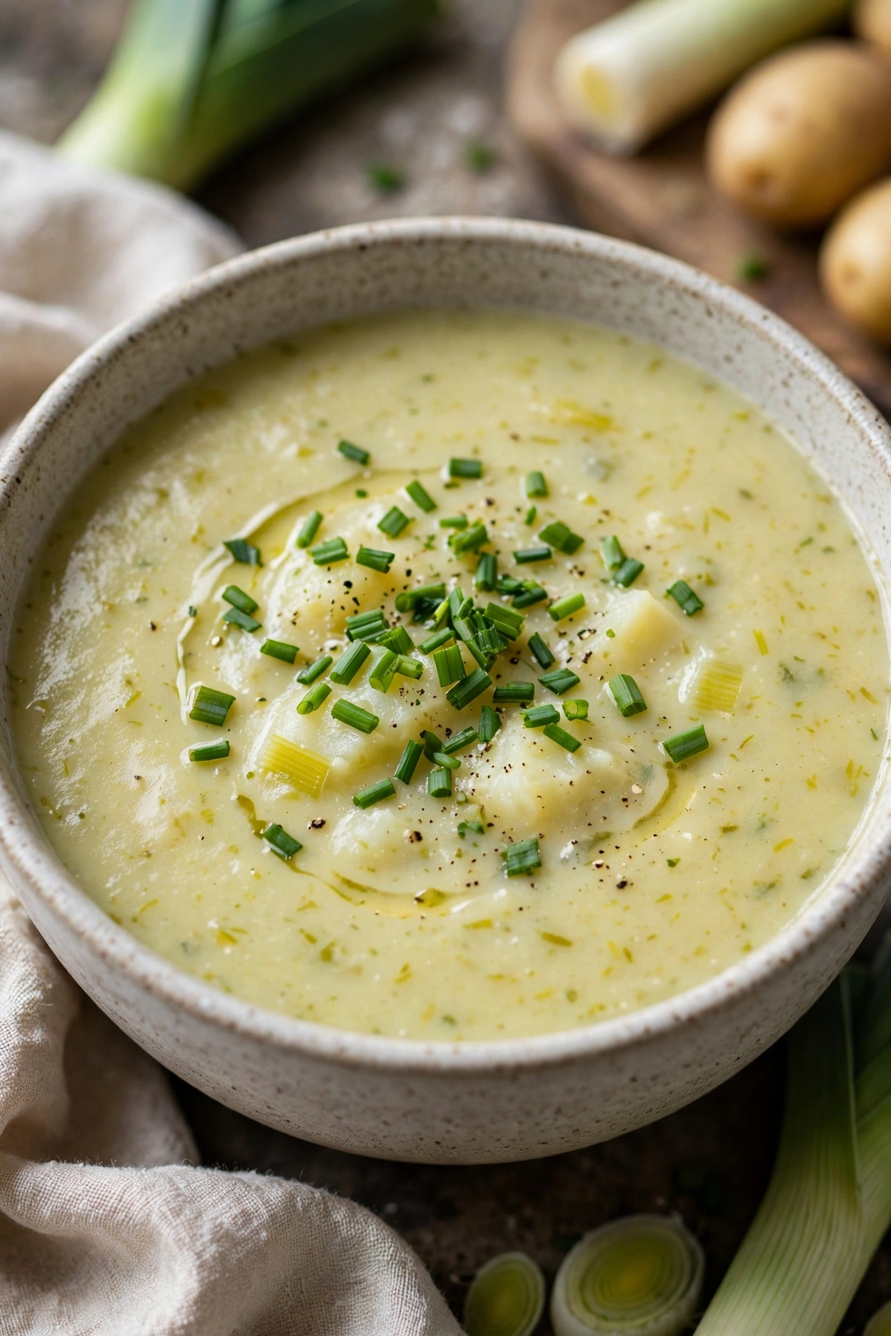 Potato leek soup creamy with chive garnish