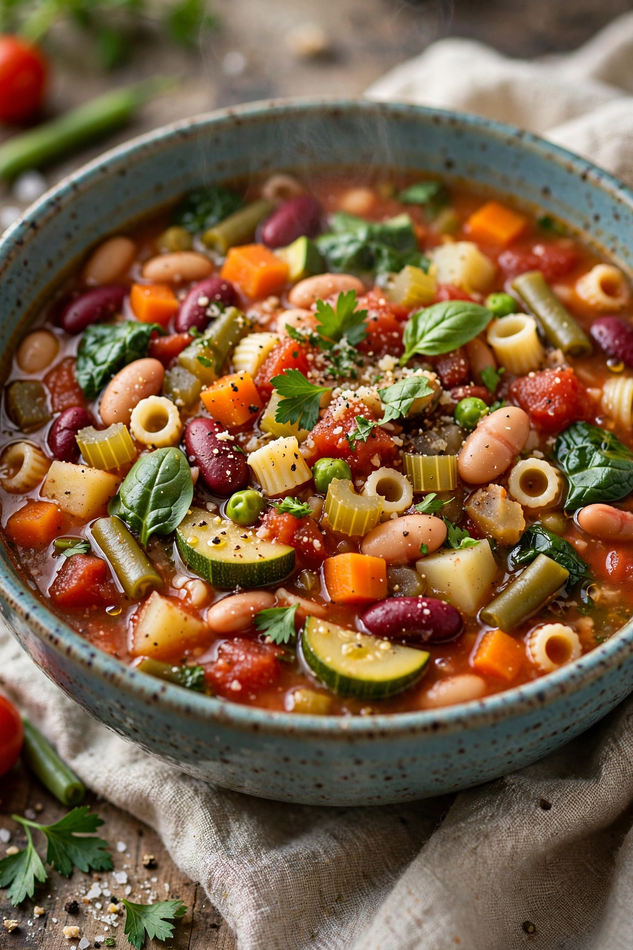 Minestrone soup colorful with beans and vegetables