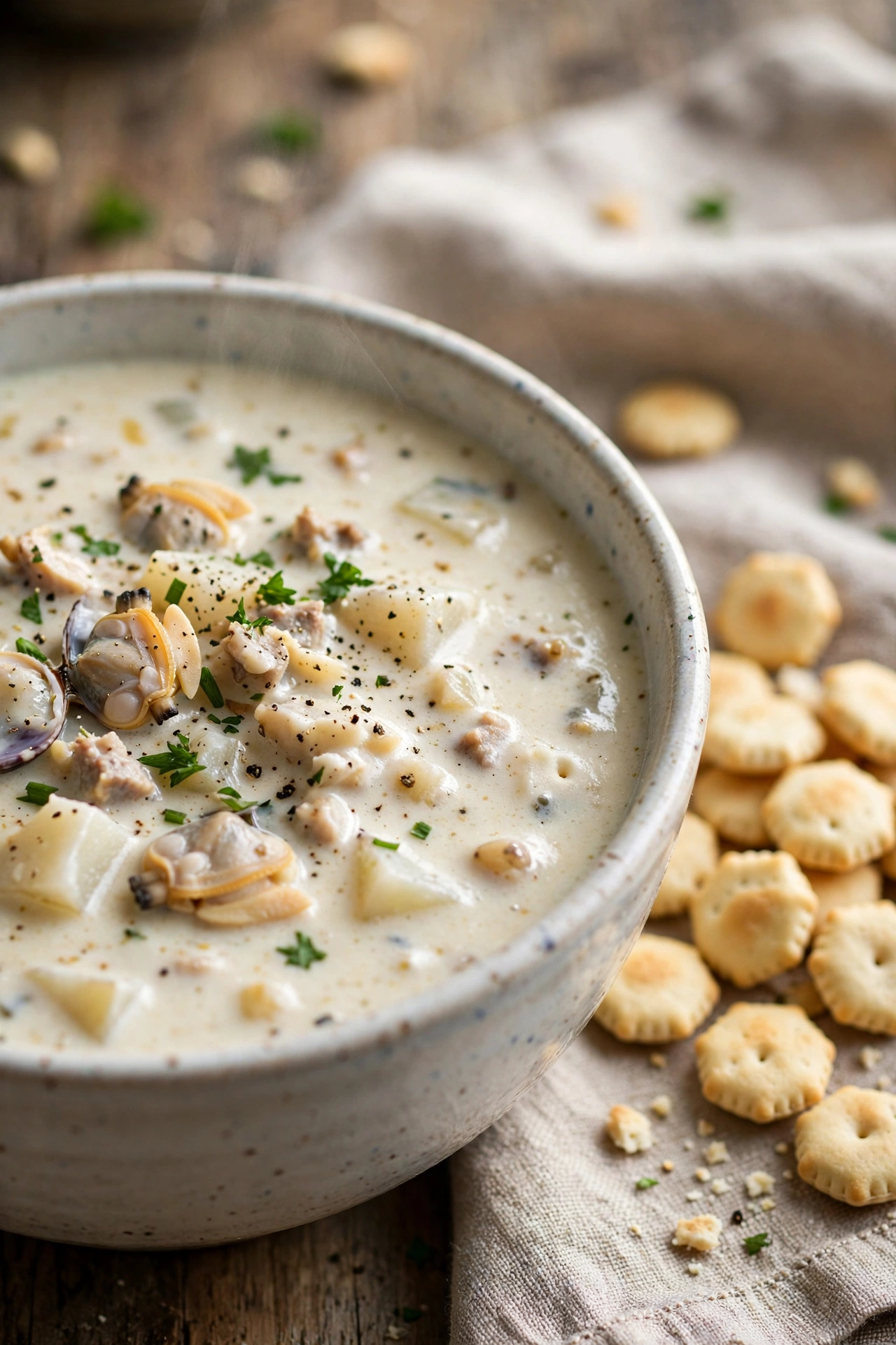 Clam chowder creamy New England style with oyster crackers