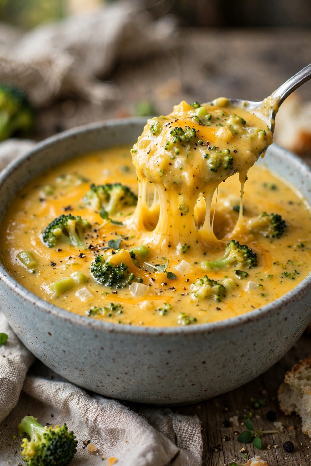 Broccoli cheddar soup thick with cheese pull