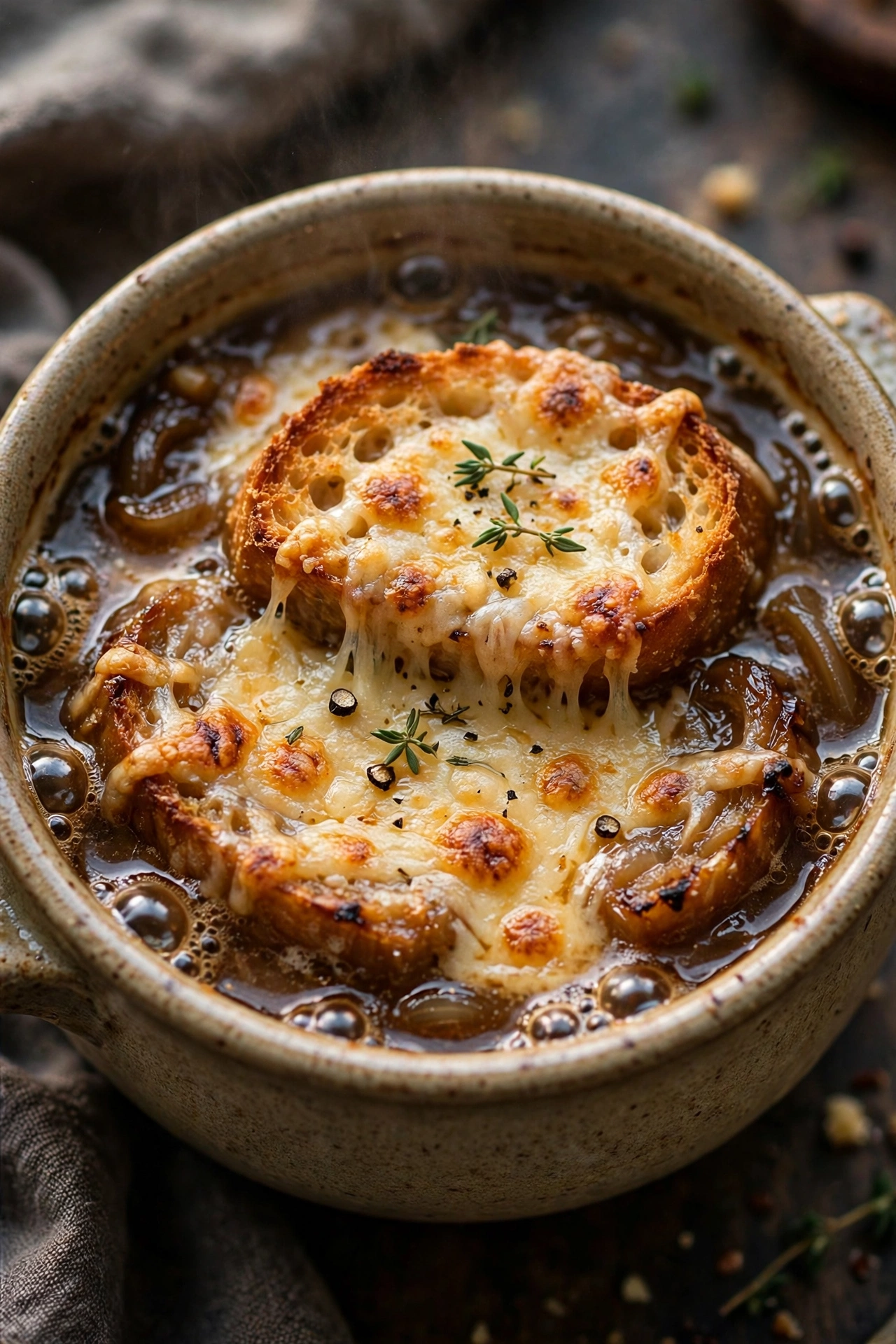 French onion soup with bubbly gruyere crouton