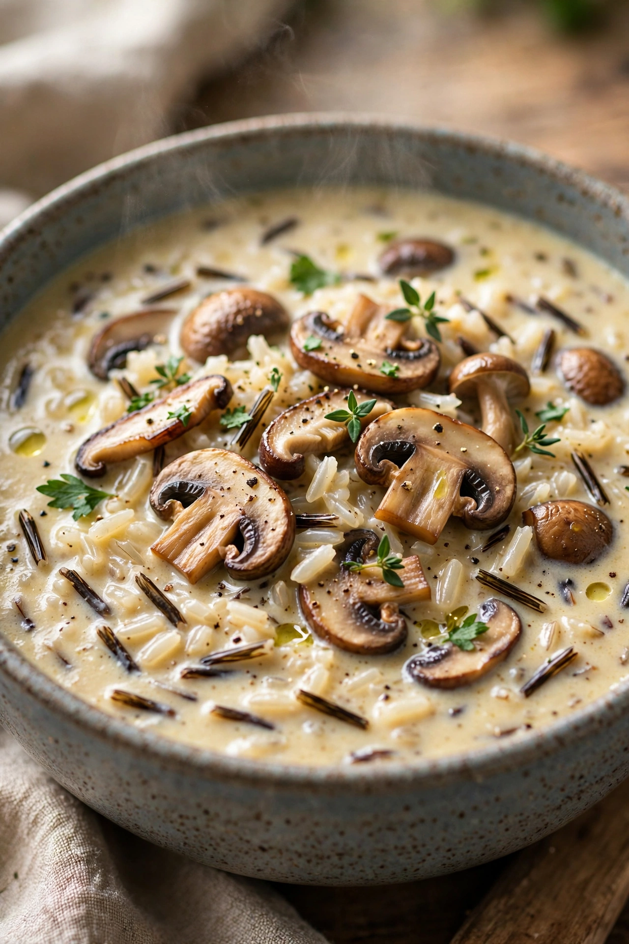 Wild rice soup creamy with mushrooms