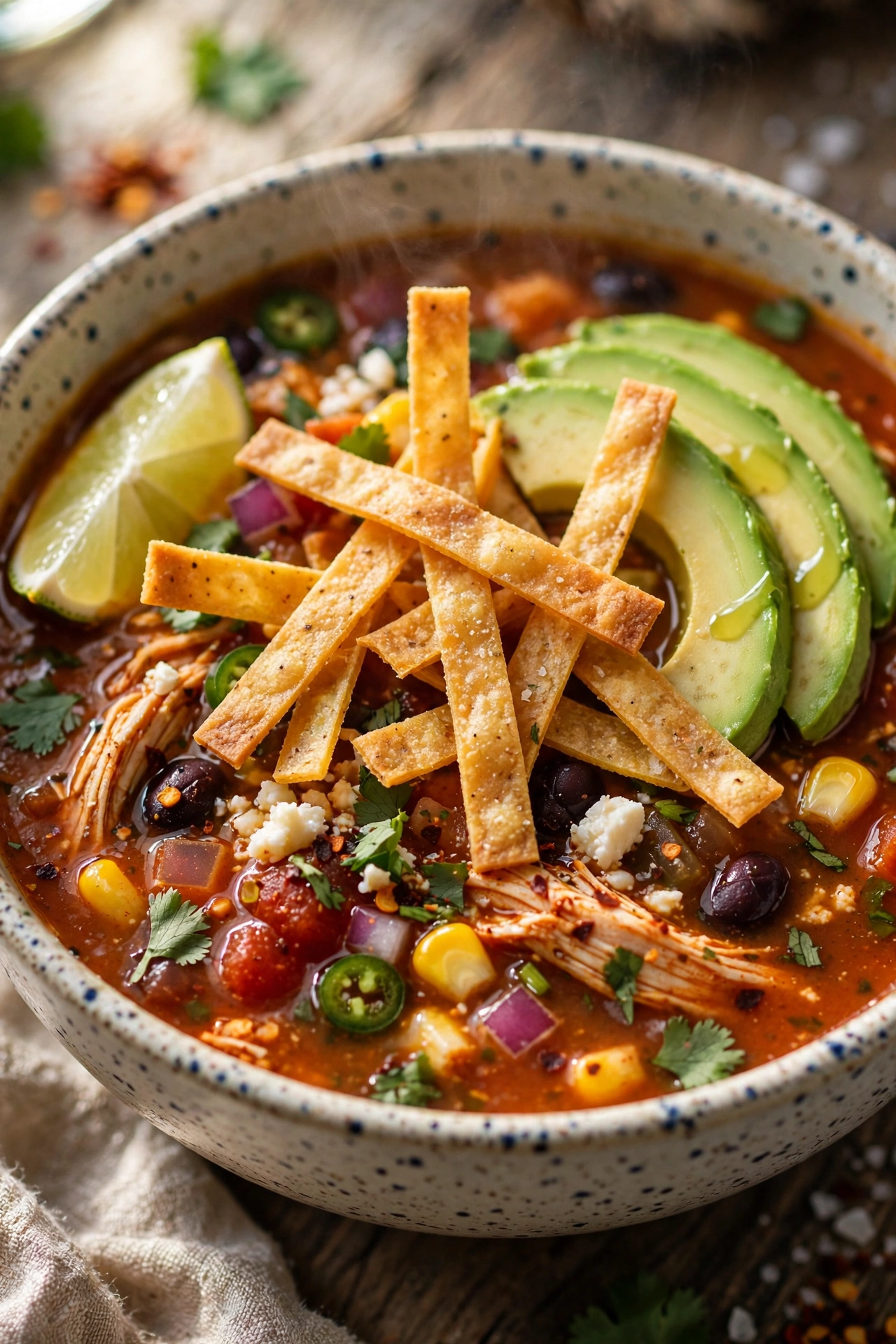 Tortilla soup with crispy tortilla strips and avocado