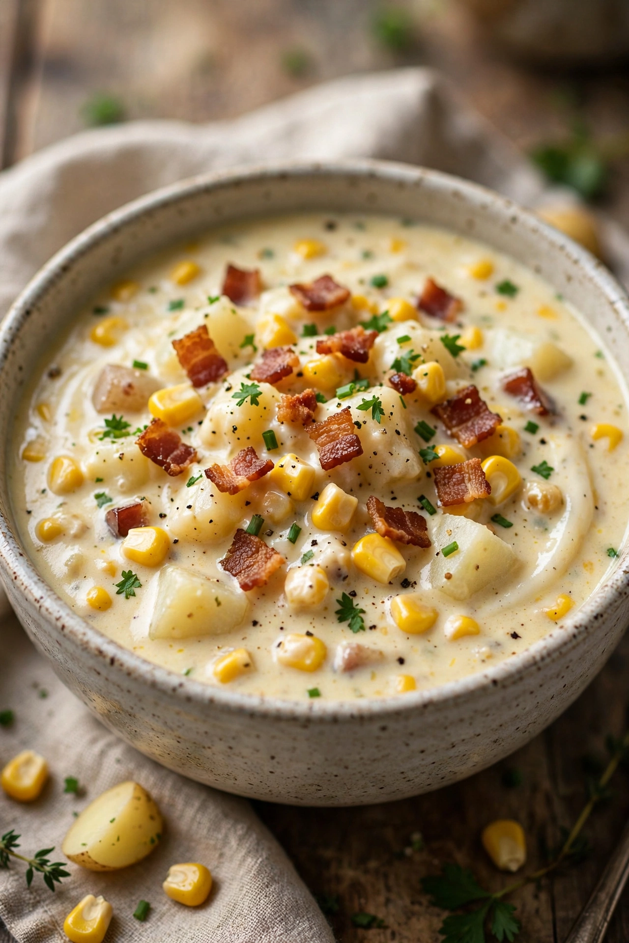Corn chowder with bacon and potatoes