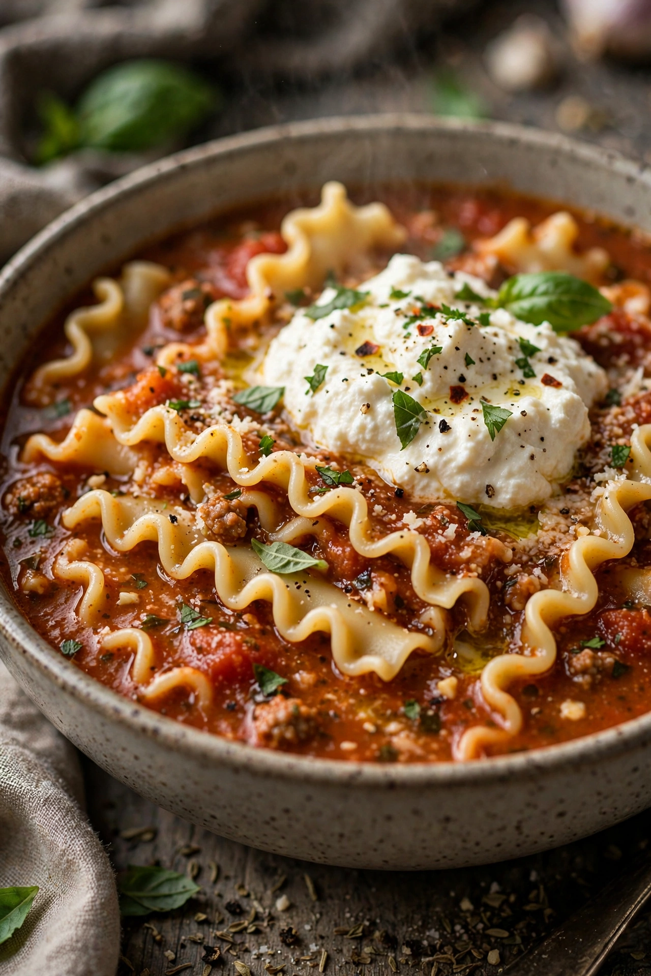 Lasagna soup with broken noodles and ricotta