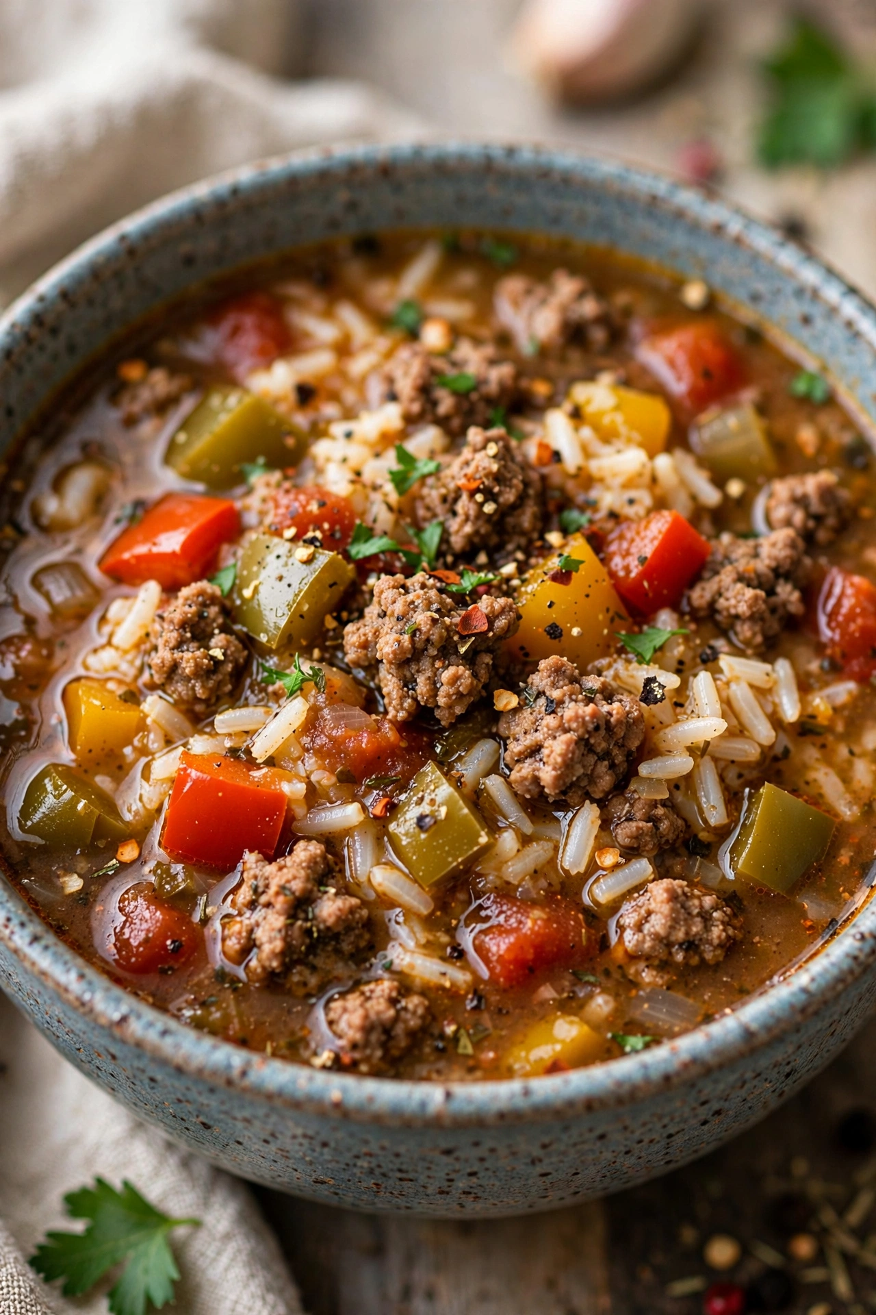 Stuffed pepper soup with ground beef and rice