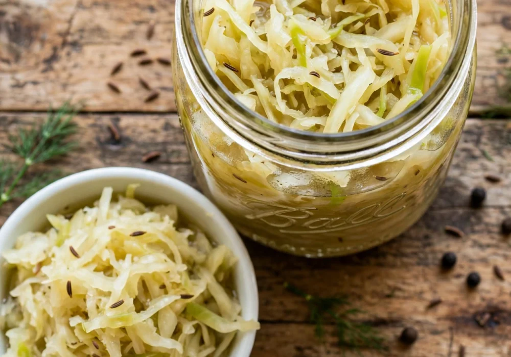 Overhead view of classic sauerkraut in a glass jar, tangy shredded cabbage with caraway seeds