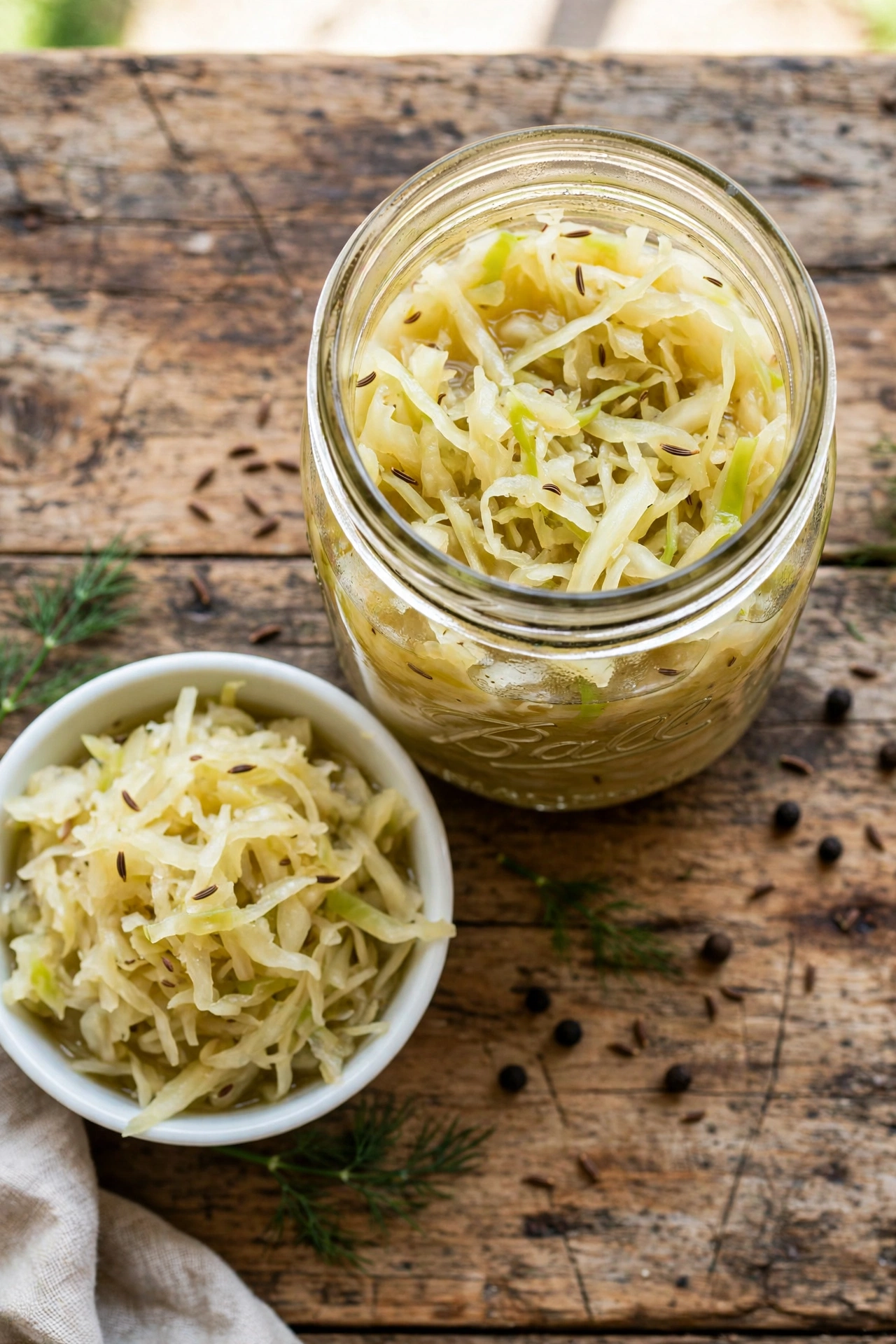Overhead view of classic sauerkraut in a glass jar, tangy shredded cabbage with caraway seeds