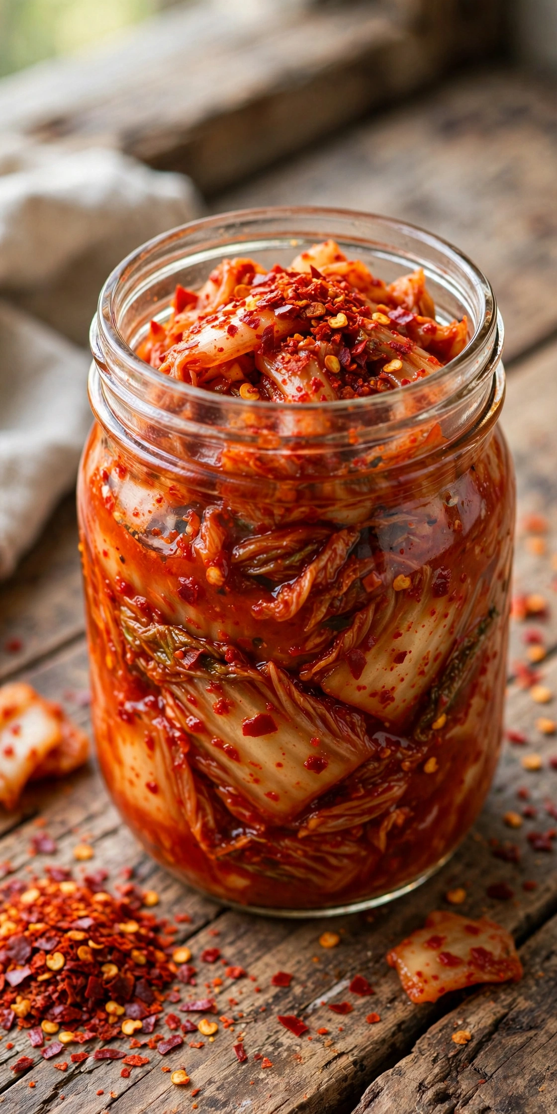 Close-up view of spicy kimchi in a jar, red pepper coated napa cabbage with scallions