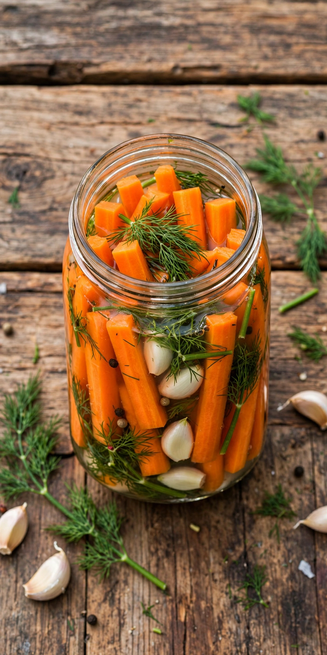 Side view of fermented carrots in a jar, bright orange sticks with dill and garlic in brine