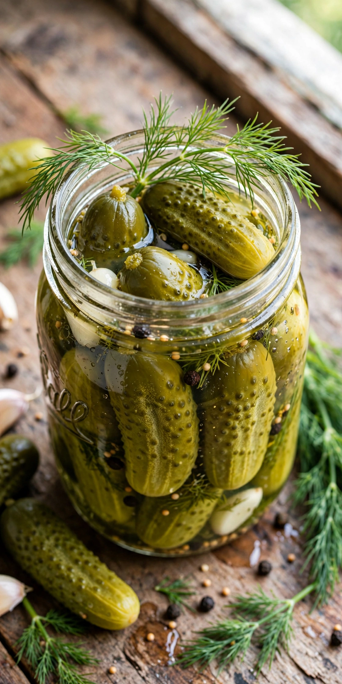 Overhead view of fermented dill pickles in a jar, crisp cucumber spears with dill and garlic