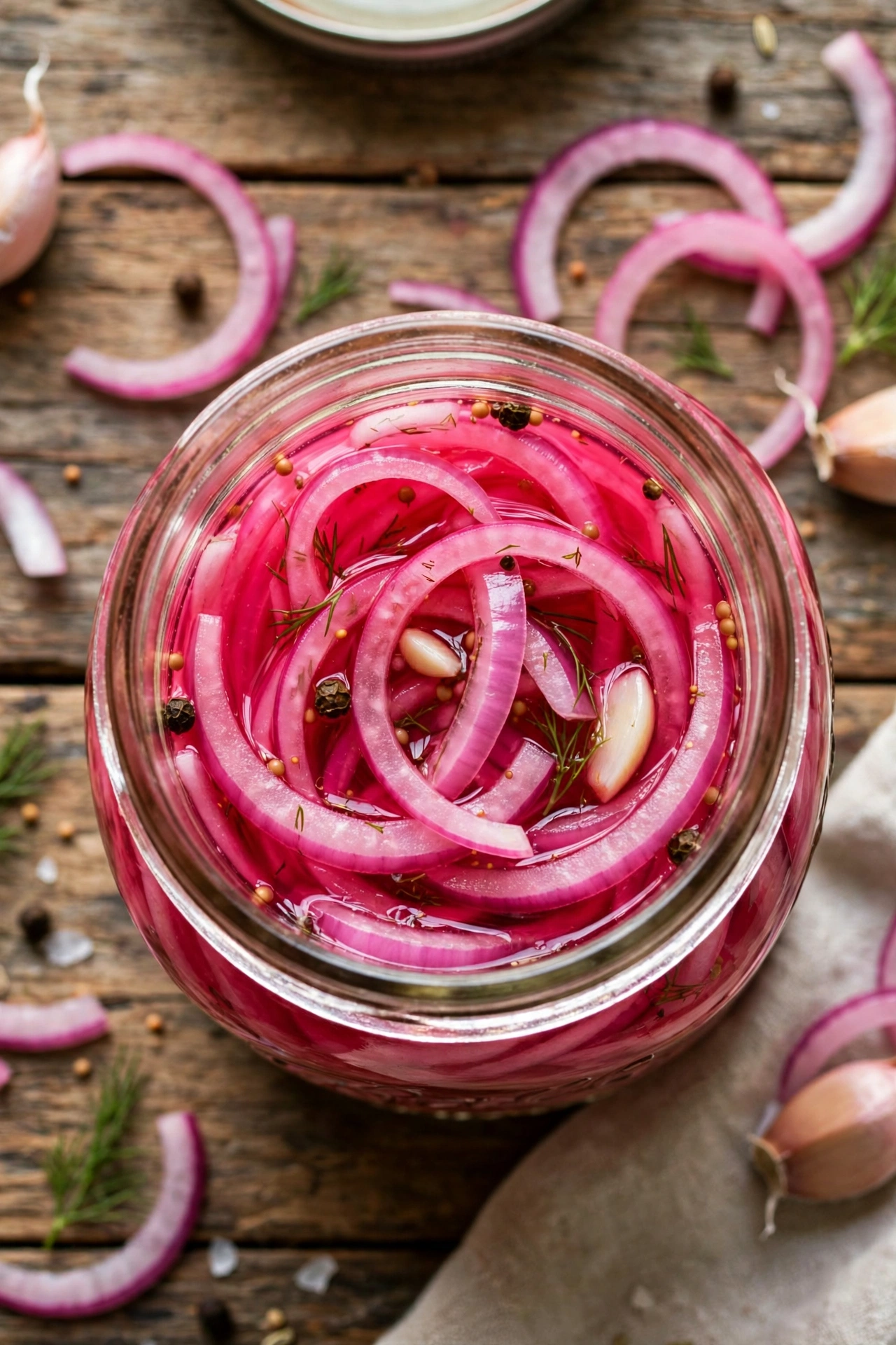 Close-up view of fermented red onions in a jar, bright pink thinly sliced onions in tangy brine