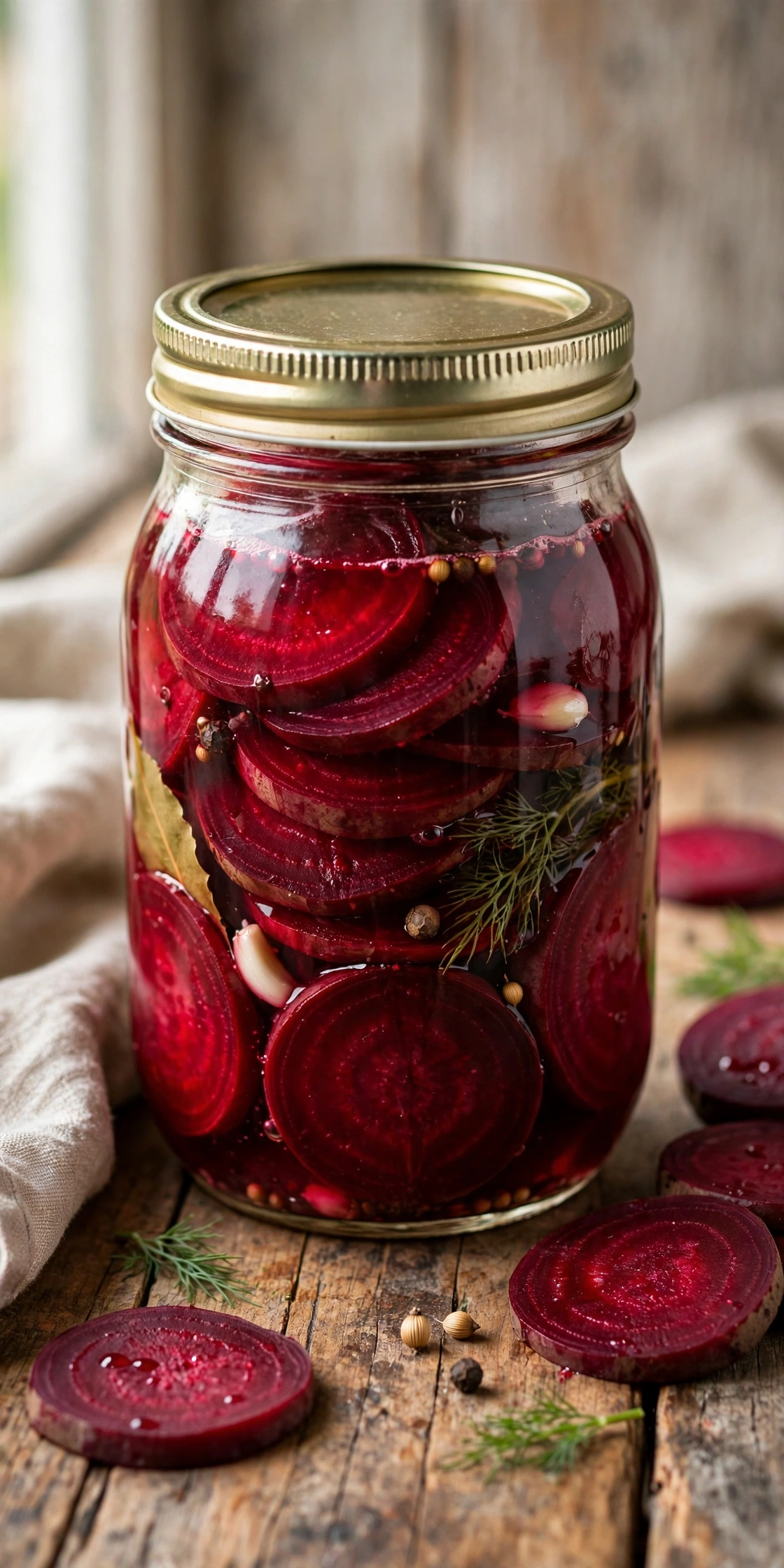 Side view of fermented beets in a jar, deep ruby red beet slices in brine with spices