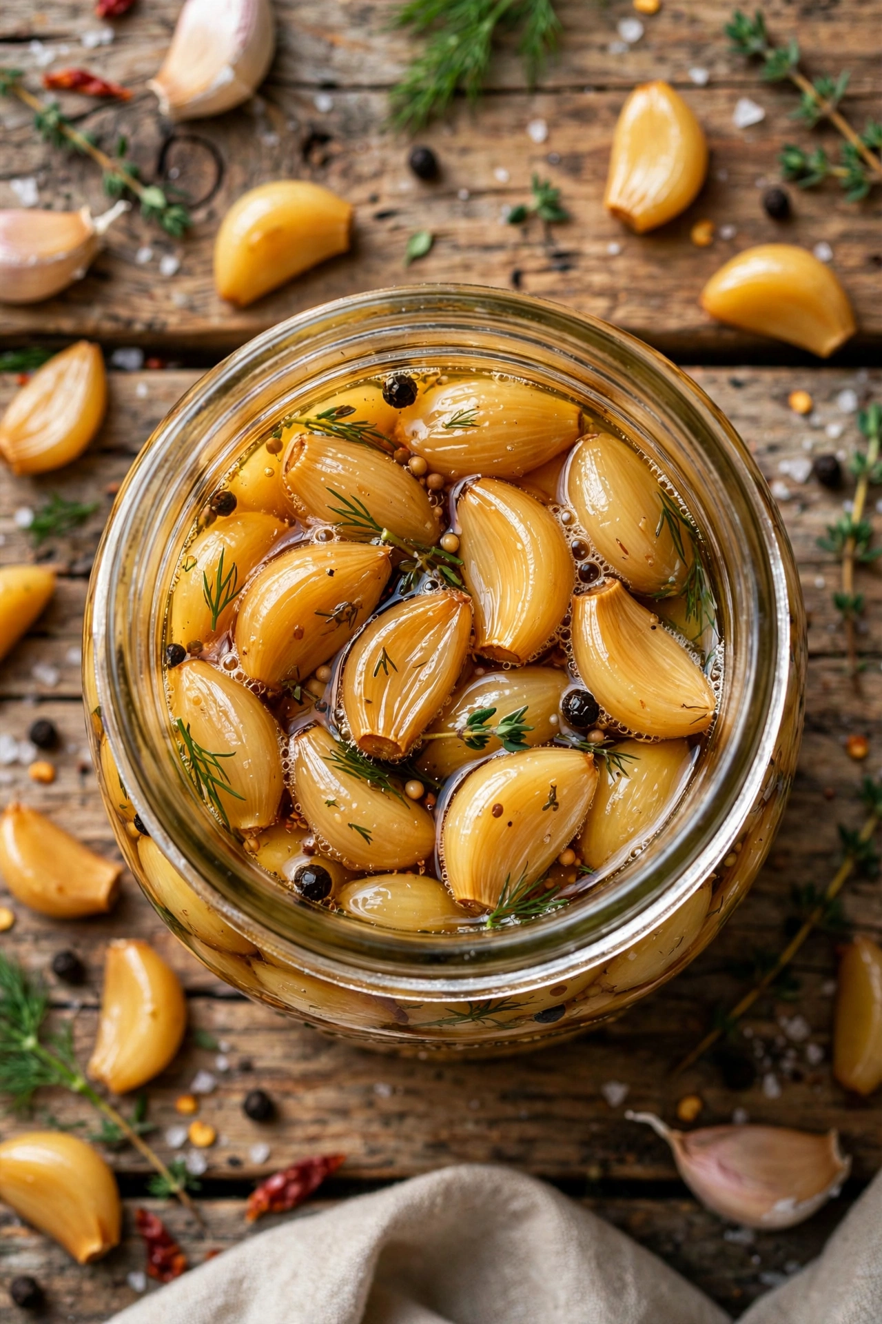 Overhead view of fermented garlic in a jar, golden cloves in brine with herbs