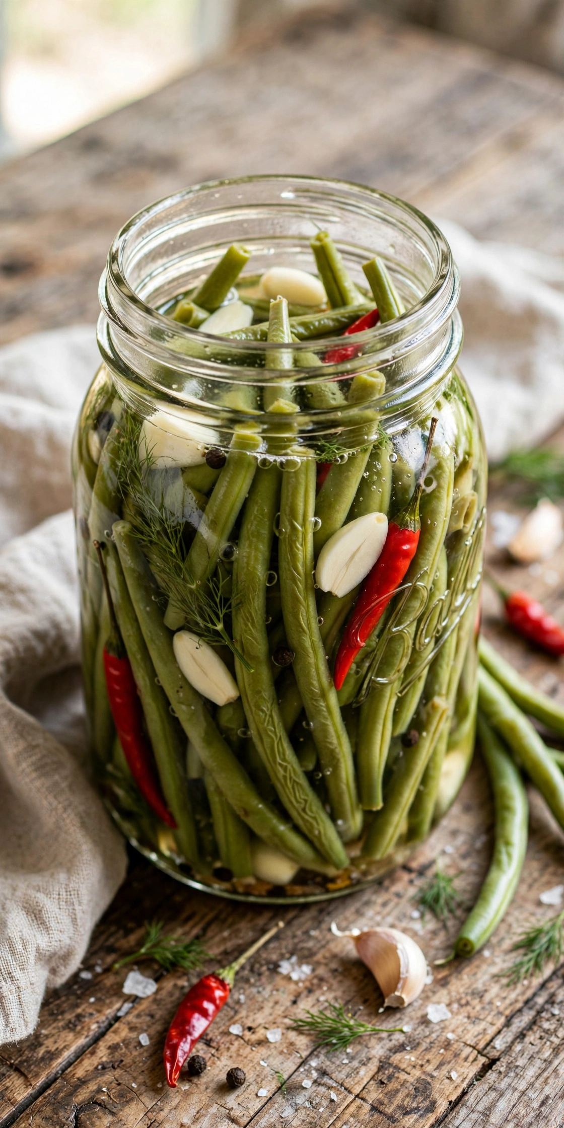 Side view of fermented green beans in a jar, crisp dilly beans with garlic and red pepper flakes