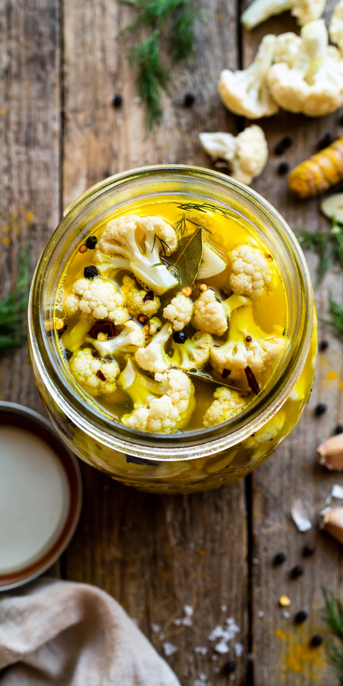 Overhead view of fermented cauliflower in a jar, white florets with turmeric-tinted brine and spices